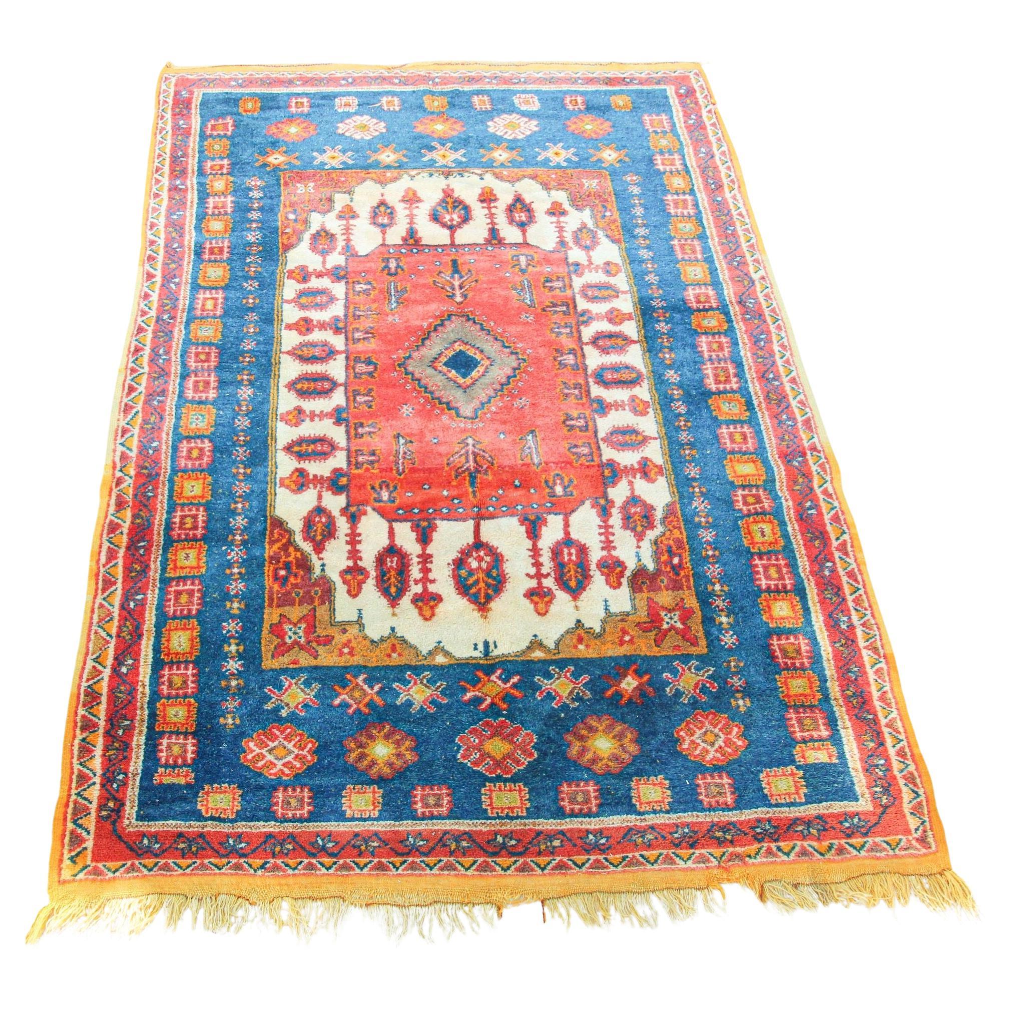 1960s Moroccan Berber Rug in Royal Blue, Pink and Orange Colors For Sale