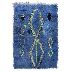 1960s Moroccan Blue Diamond Patterned Rug with Multi-Color Stripe Reverse