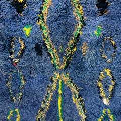 1960s Moroccan Blue Diamond Patterned Rug with Multi-Color Stripe Reverse