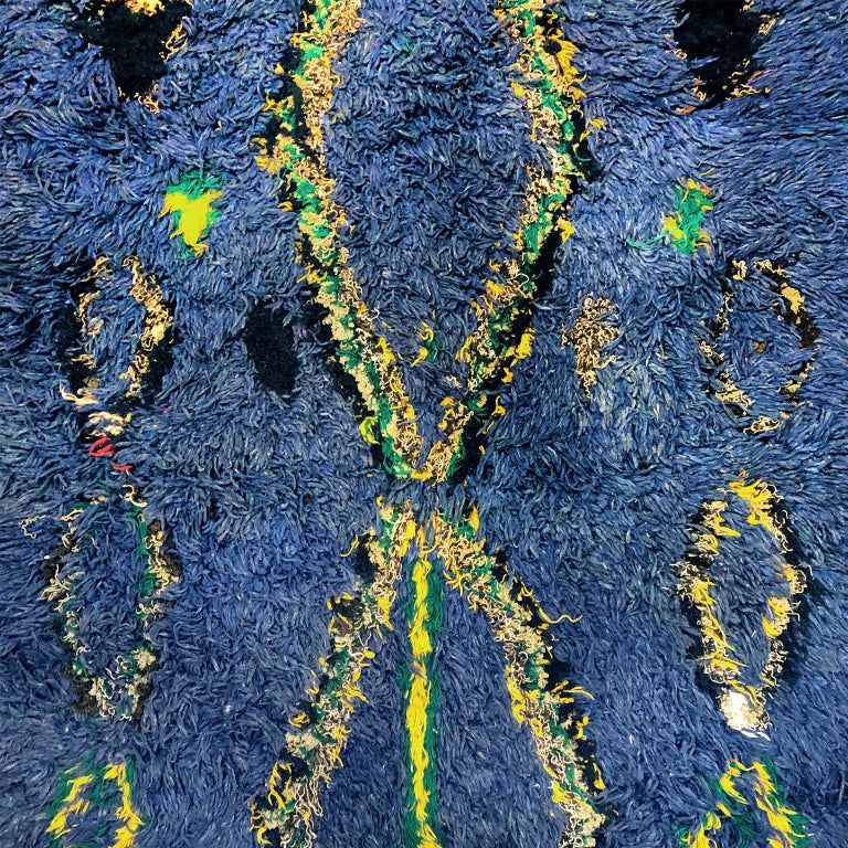 1960s Moroccan Blue Diamond Patterned Rug with MultiColor Stripe