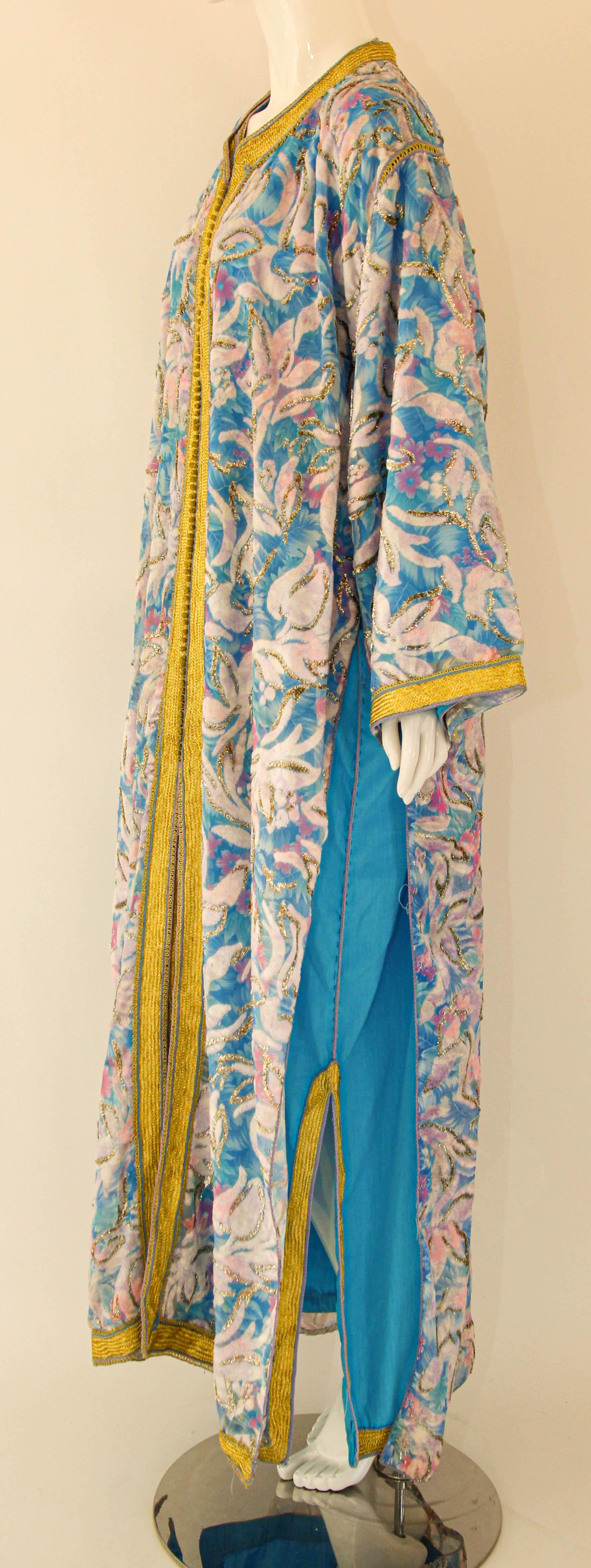 1960s Moroccan Caftan Floral Silk Vintage Turquoise and Gold Kaftan Set For Sale 5