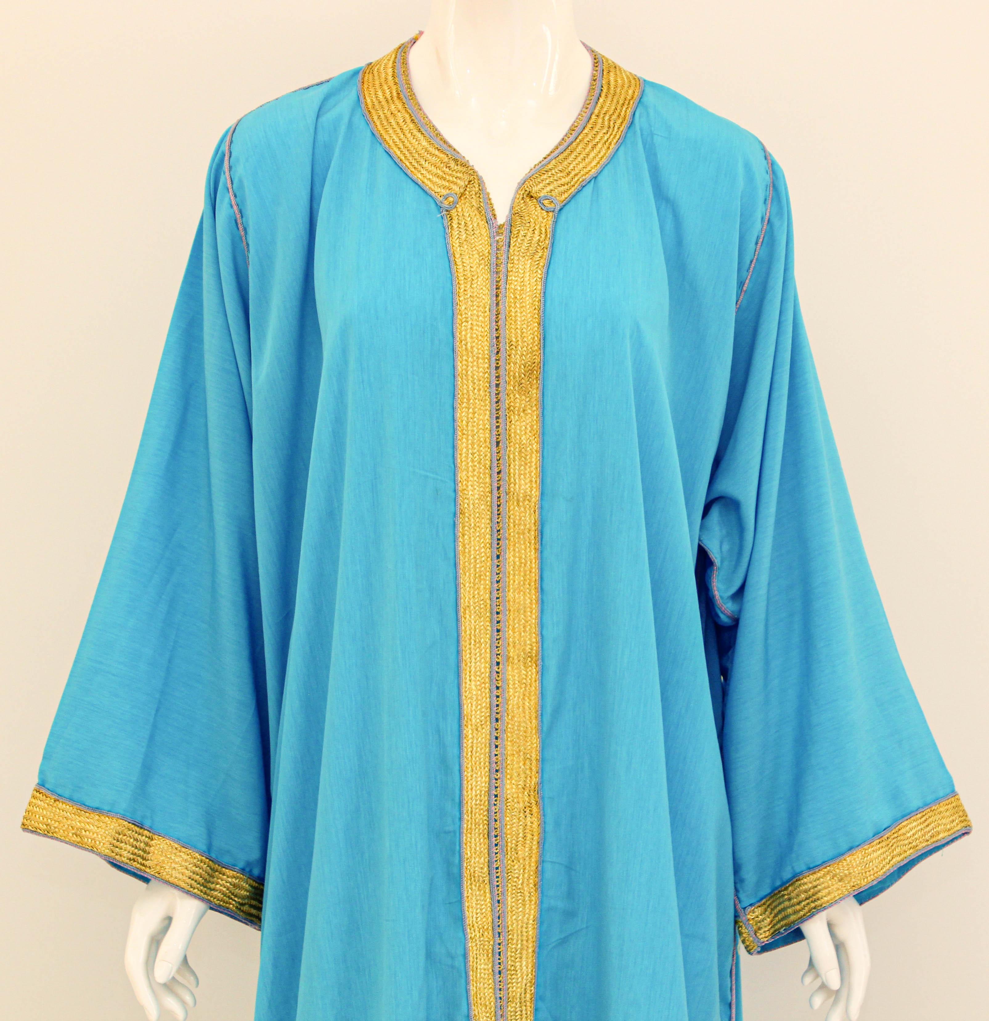 1960s Moroccan Caftan Floral Silk Vintage Turquoise and Gold Kaftan Set For Sale 8