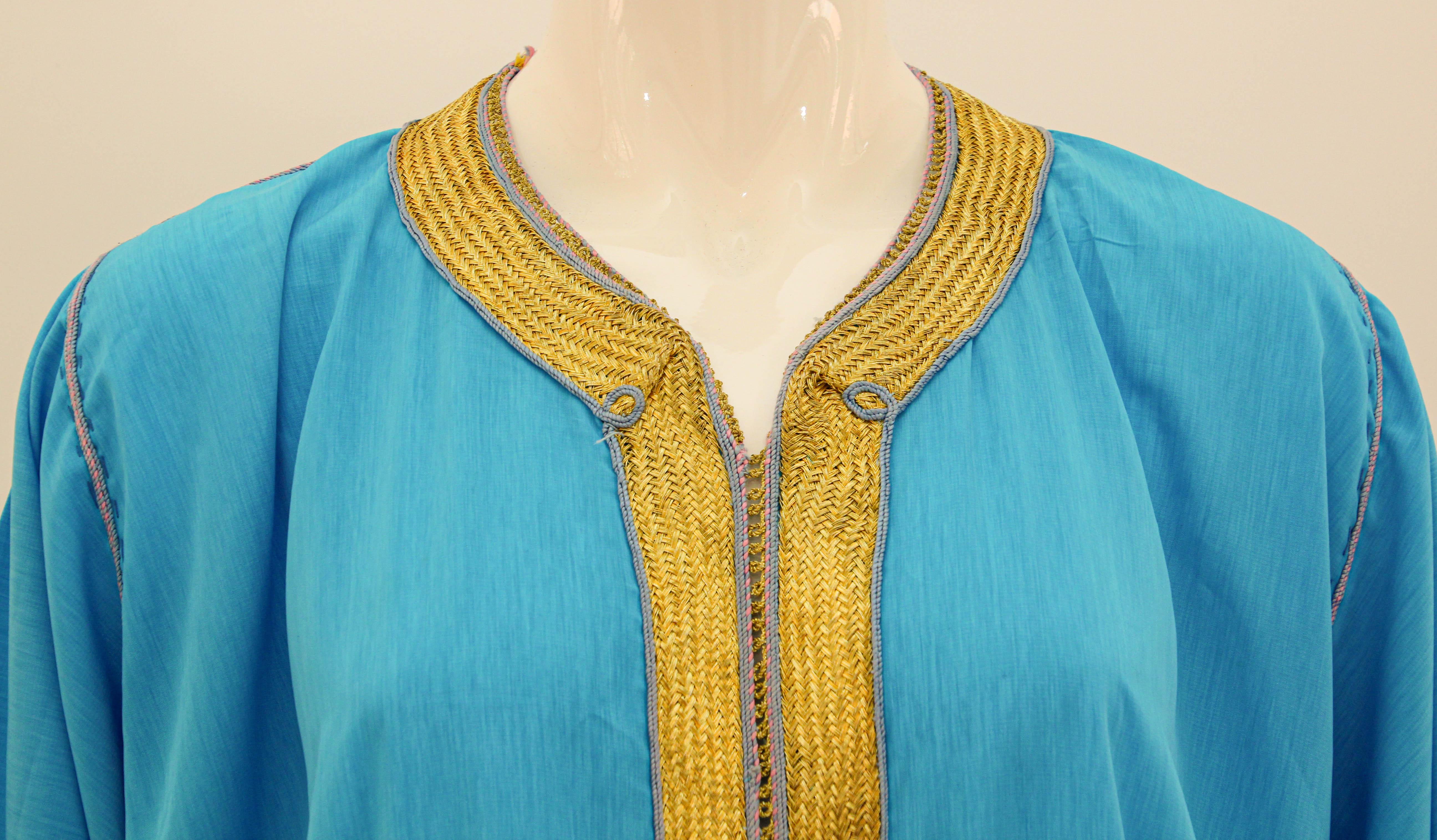 1960s Moroccan Caftan Floral Silk Vintage Turquoise and Gold Kaftan Set For Sale 9