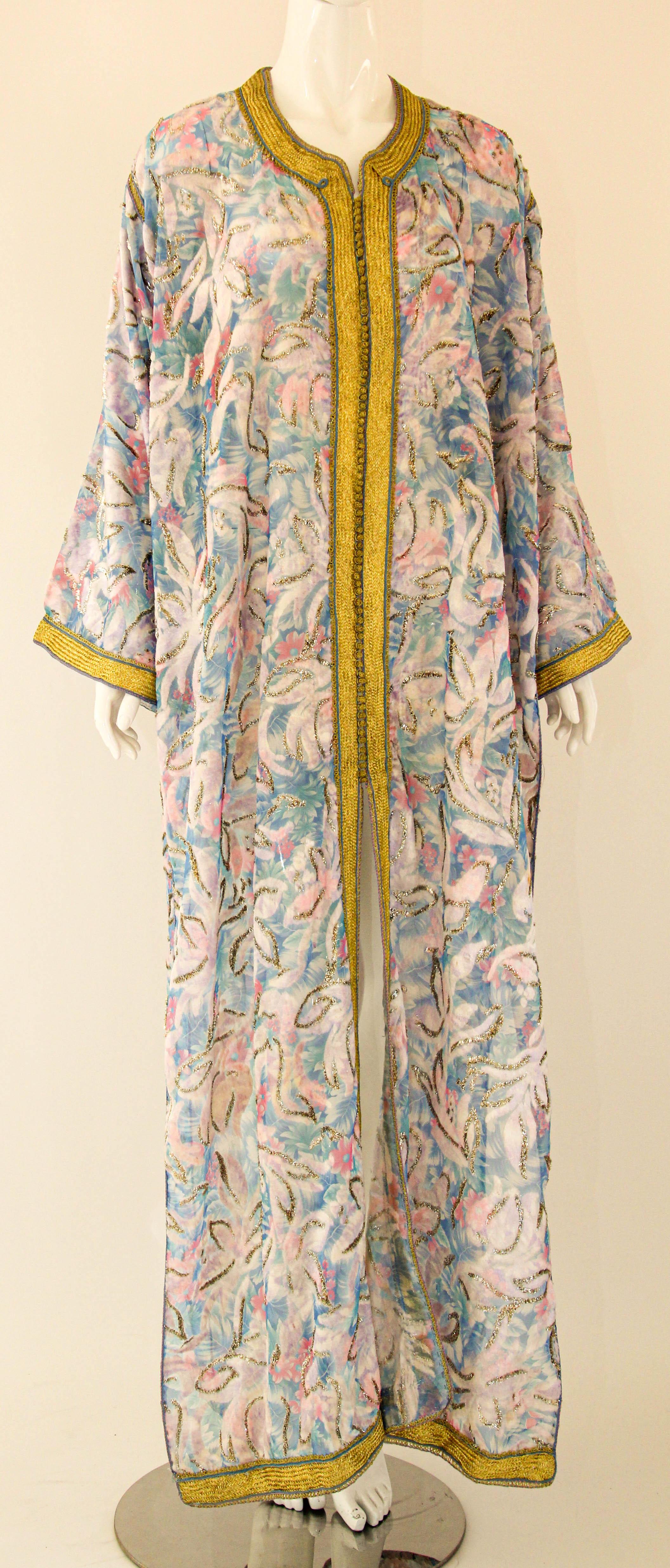 1960s Moroccan Caftan Floral Silk Vintage Turquoise and Gold Kaftan Set For Sale 12
