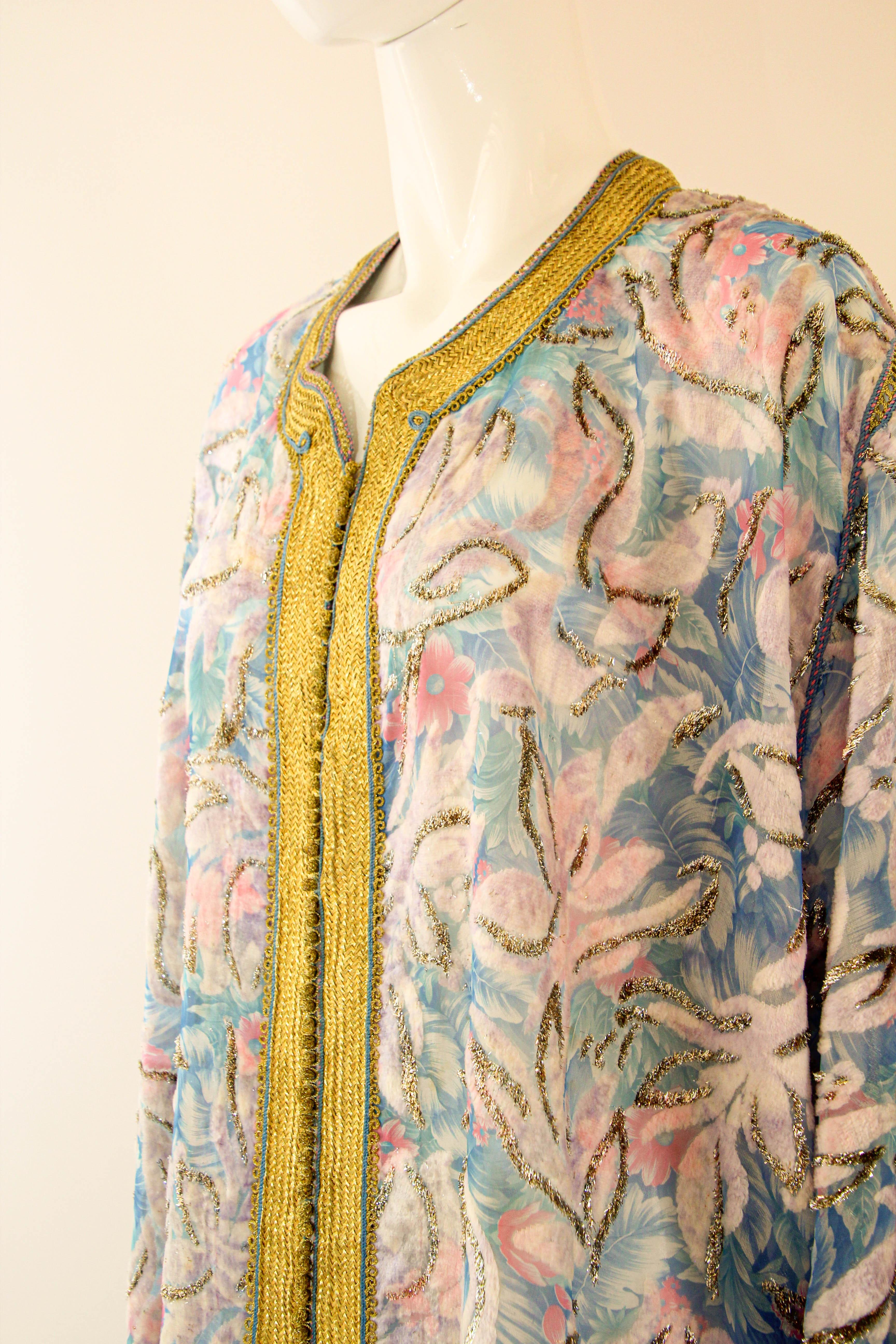 1960s Moroccan Caftan Floral Silk Vintage Turquoise and Gold Kaftan Set For Sale 14