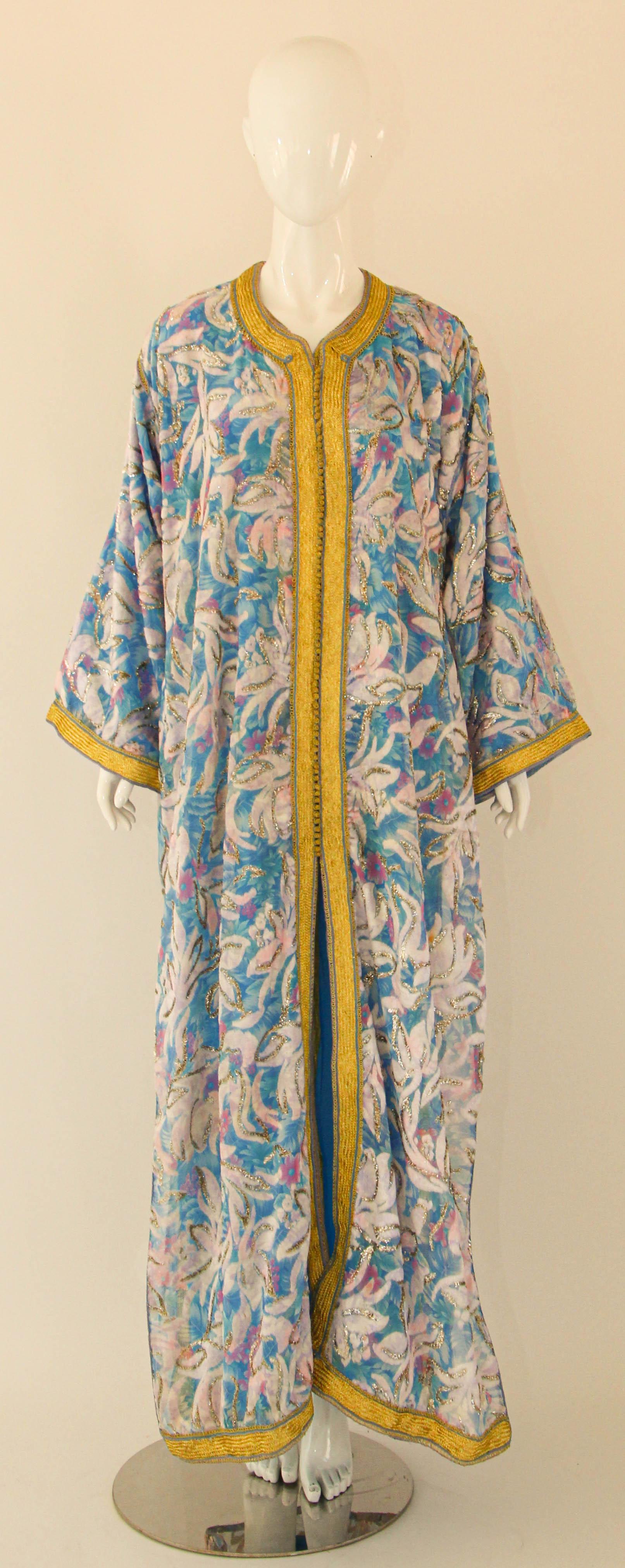 Brown 1960s Moroccan Caftan Floral Silk Vintage Turquoise and Gold Kaftan Set For Sale