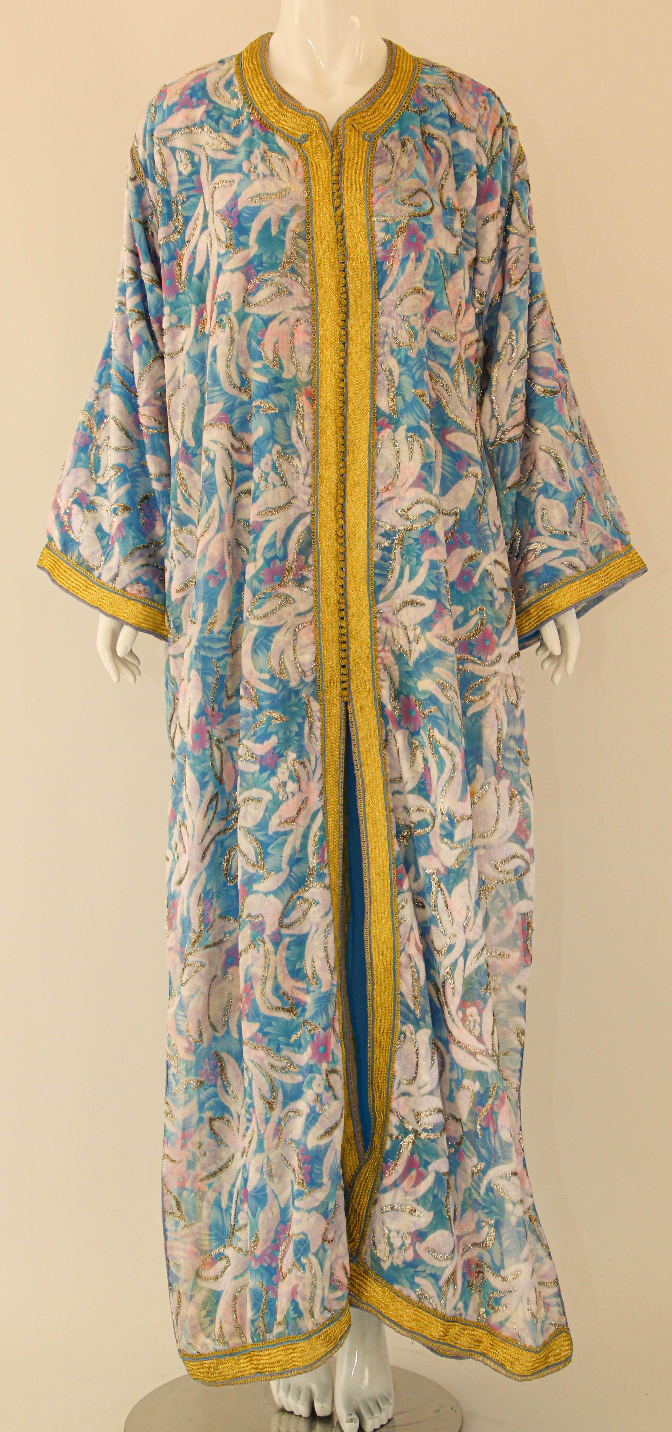 1960s Moroccan Caftan Floral Silk Vintage Turquoise and Gold Kaftan Set In Good Condition For Sale In North Hollywood, CA