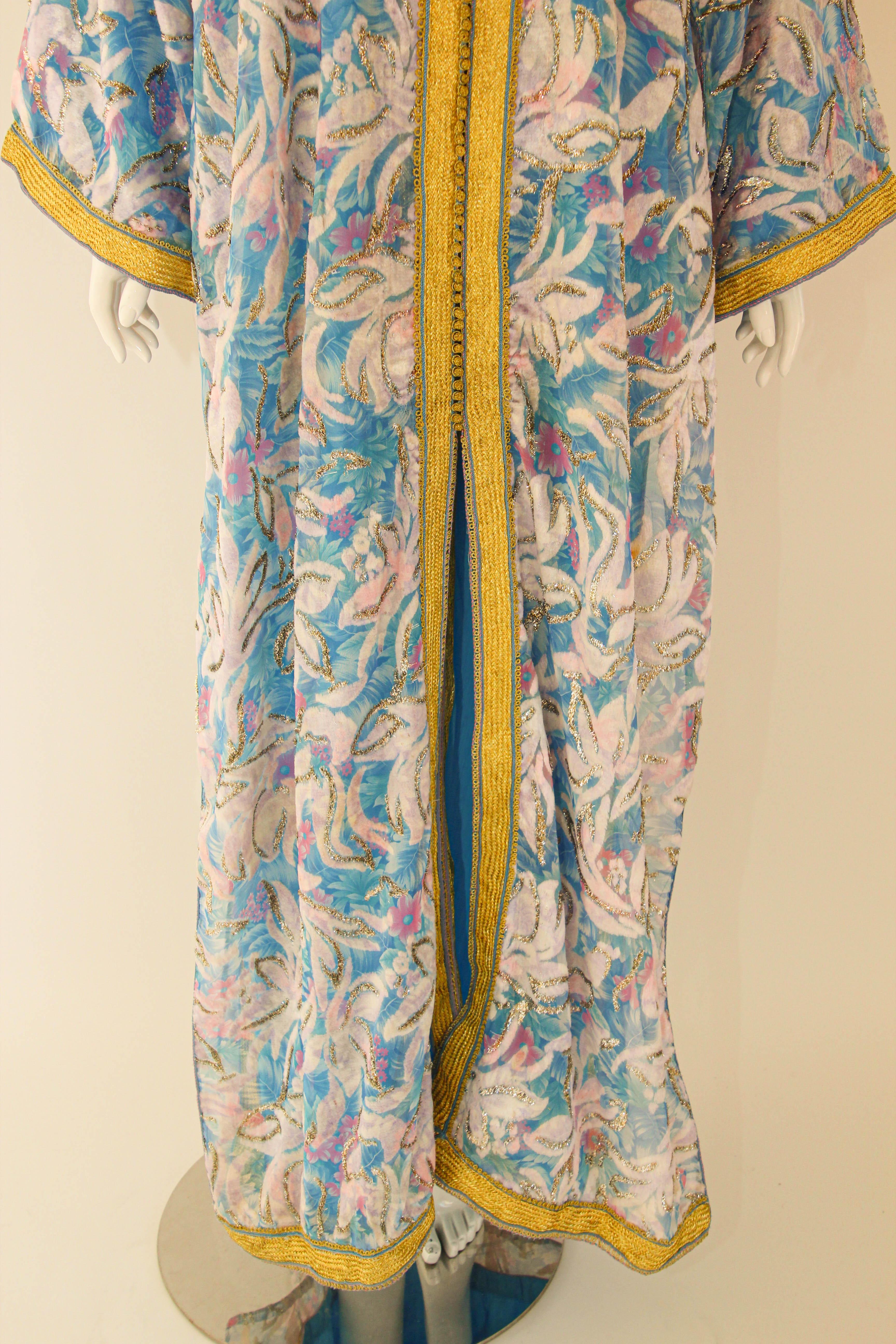 1960s Moroccan Caftan Floral Silk Vintage Turquoise and Gold Kaftan Set For Sale 1