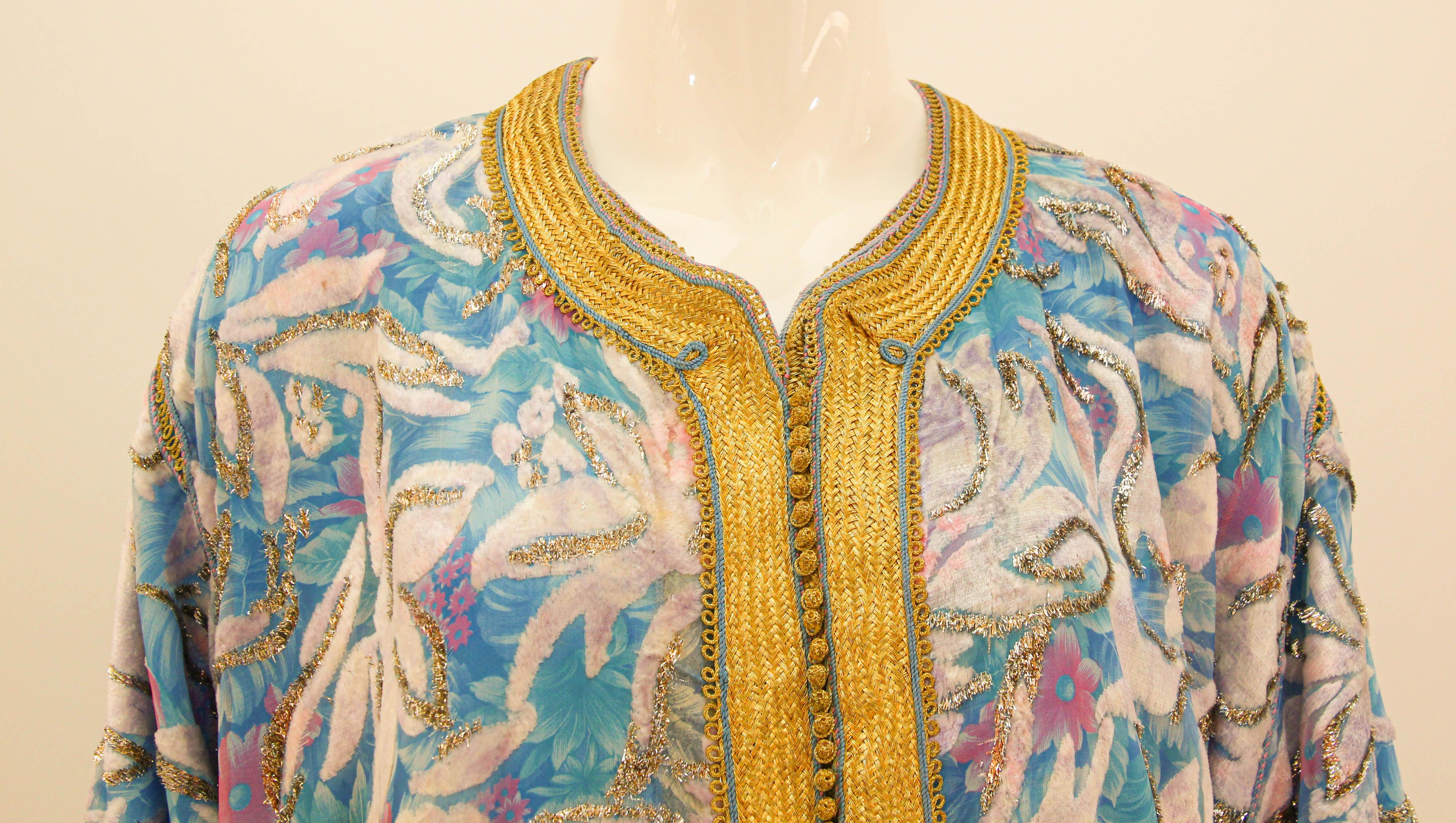 1960s Moroccan Caftan Floral Silk Vintage Turquoise and Gold Kaftan Set For Sale 2