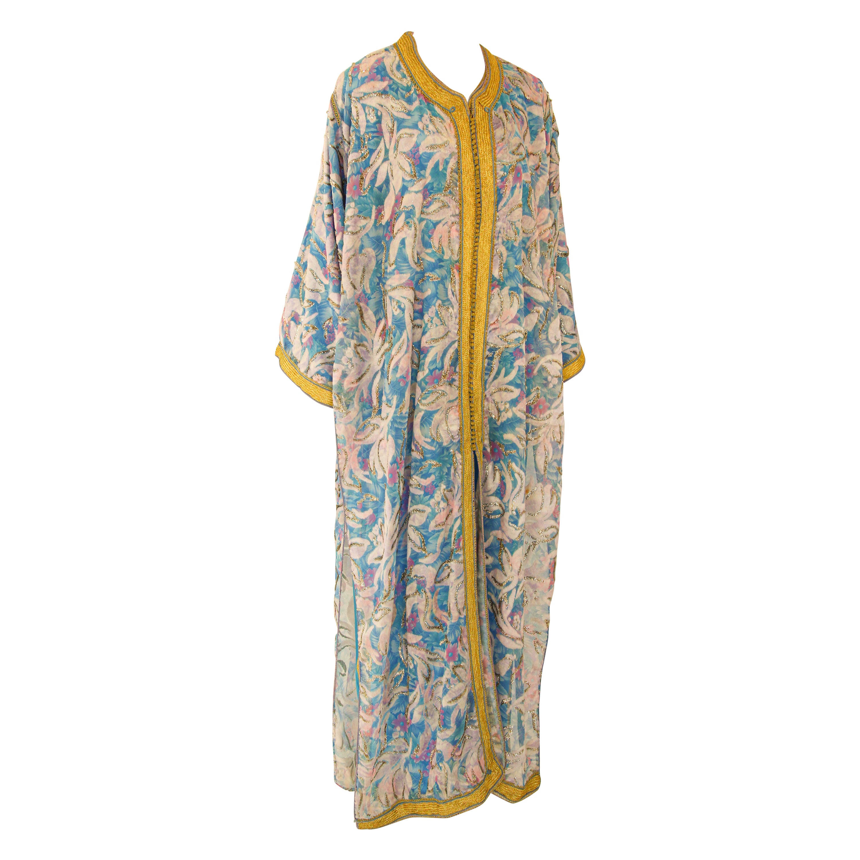 1960s Moroccan Caftan Floral Silk Vintage Turquoise and Gold Kaftan Set