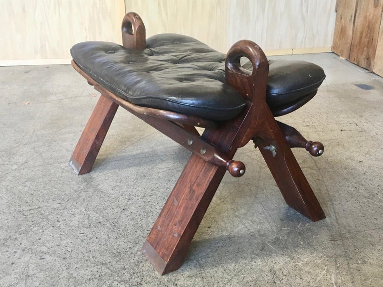 Camel Saddle, Bench or Stool, Cushion, Carved Rosewood, Inlaid Marquetry