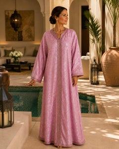 1960s Moroccan Pink Silk Damask Caftan with Hand Embroidery