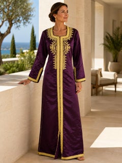 1960s Moroccan Purple Silk Caftan Gold Damask Hand Embroidery