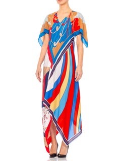 MORPHEW COLLECTION Psychedelic Blue, Beige & Red Kaftan Dress Made From 1970'S