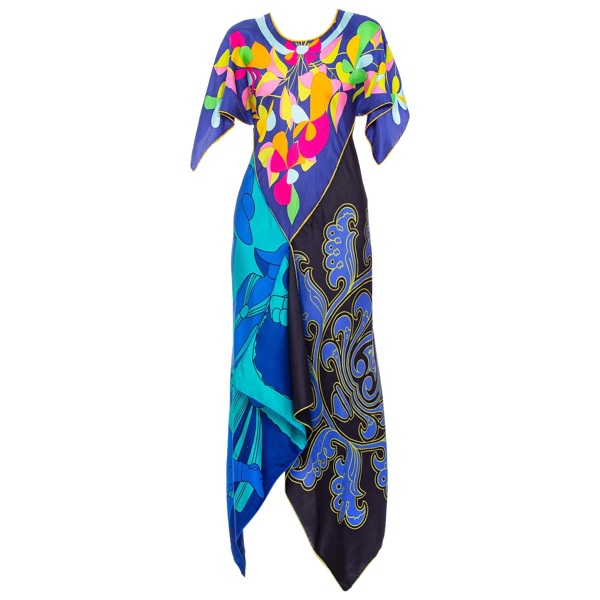 MORPHEW COLLECTION Psychedelic Aqua & Pink Bias Cut Kaftan Dress Made From 1970