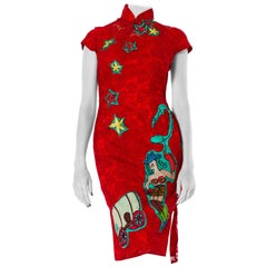 MORPHEW COLLECTION Red Floral Embroidered Net Mandarin Style Fully Lined Dress