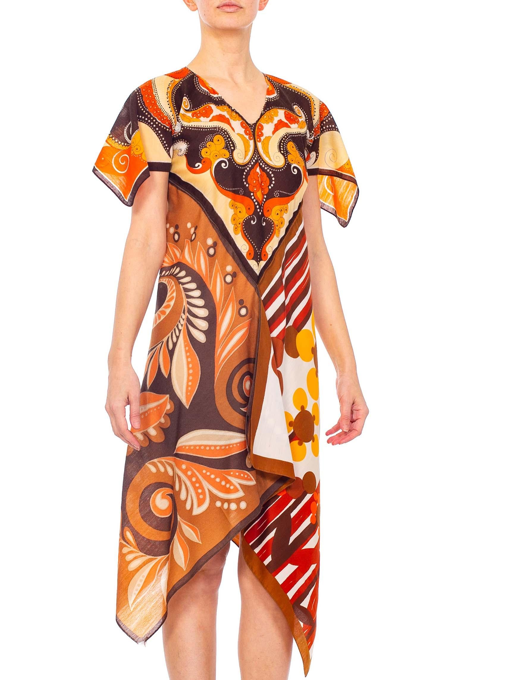 Beige MORPHEW COLLECTION Brown & Orange Polyester Psychedelic Print Scarf Kaftan Dress For Sale