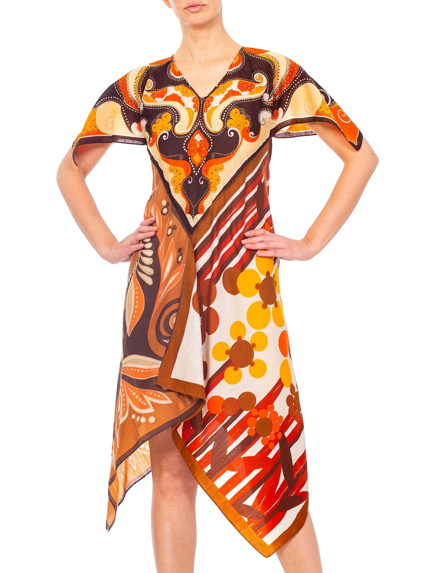 MORPHEW COLLECTION Brown & Orange Polyester Psychedelic Print Scarf Kaftan Dress In Excellent Condition For Sale In New York, NY