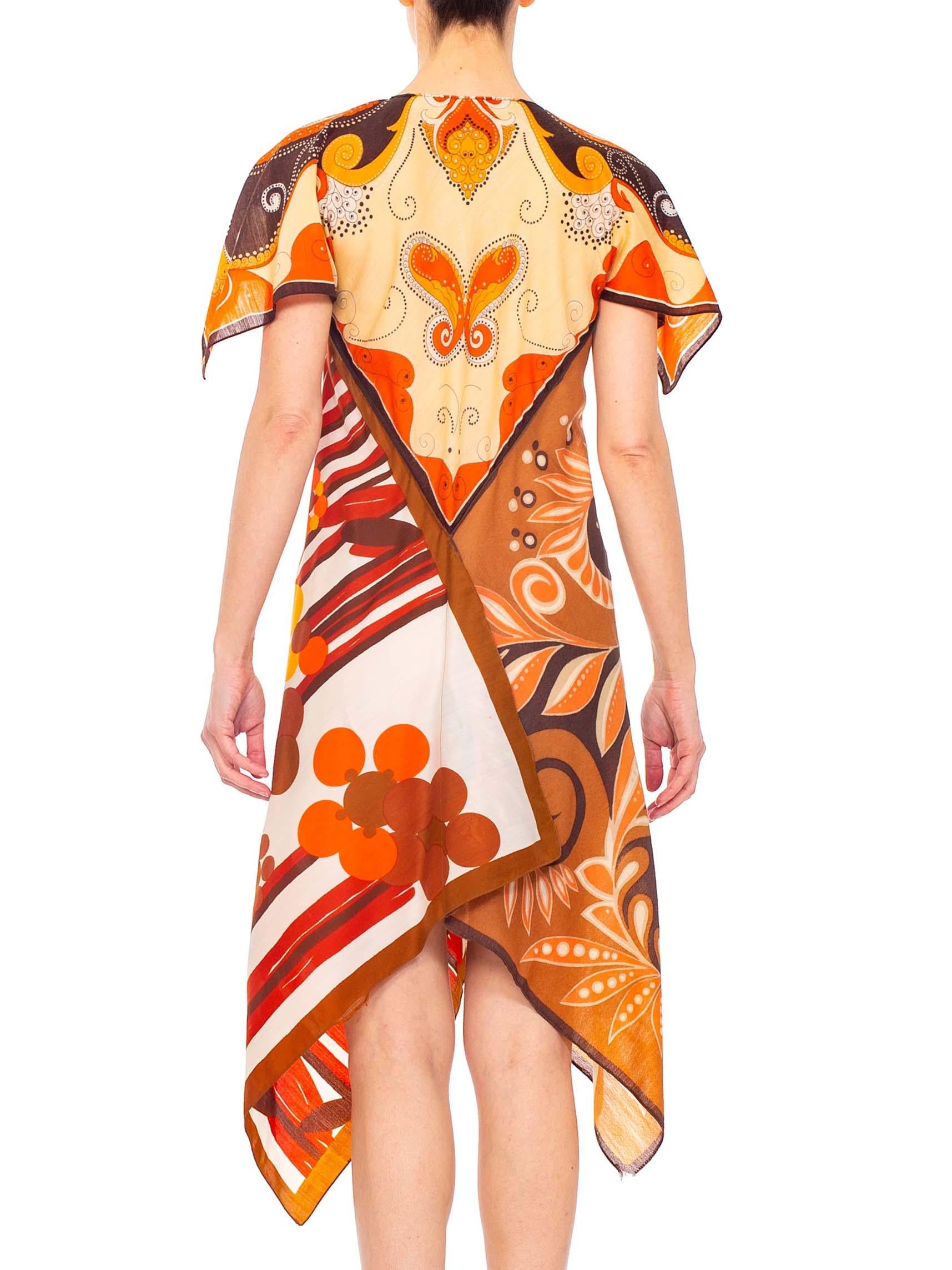 MORPHEW COLLECTION Brown & Orange Polyester Psychedelic Print Scarf Kaftan Dress For Sale 1