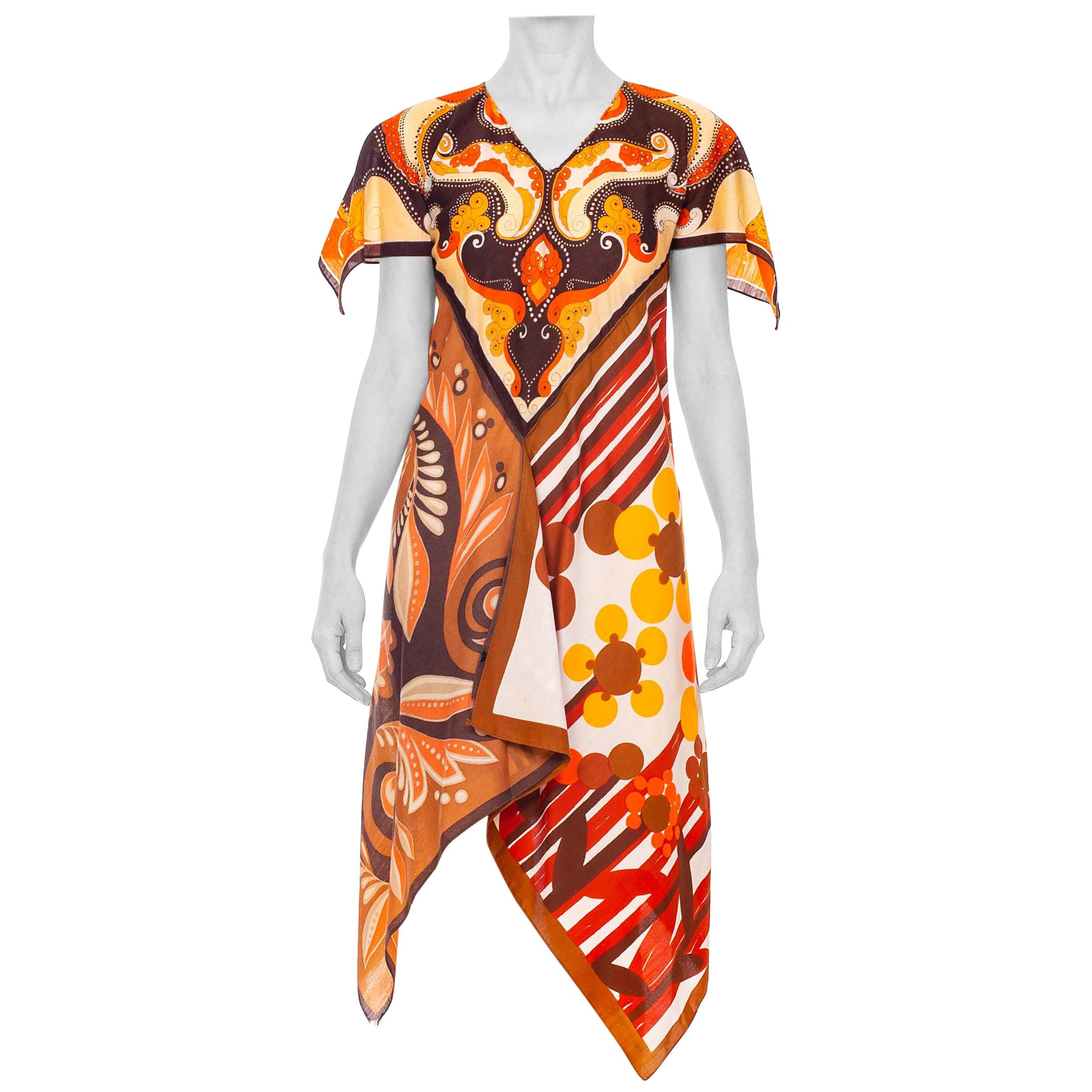 MORPHEW COLLECTION Brown & Orange Polyester Psychedelic Print Scarf Kaftan Dress For Sale
