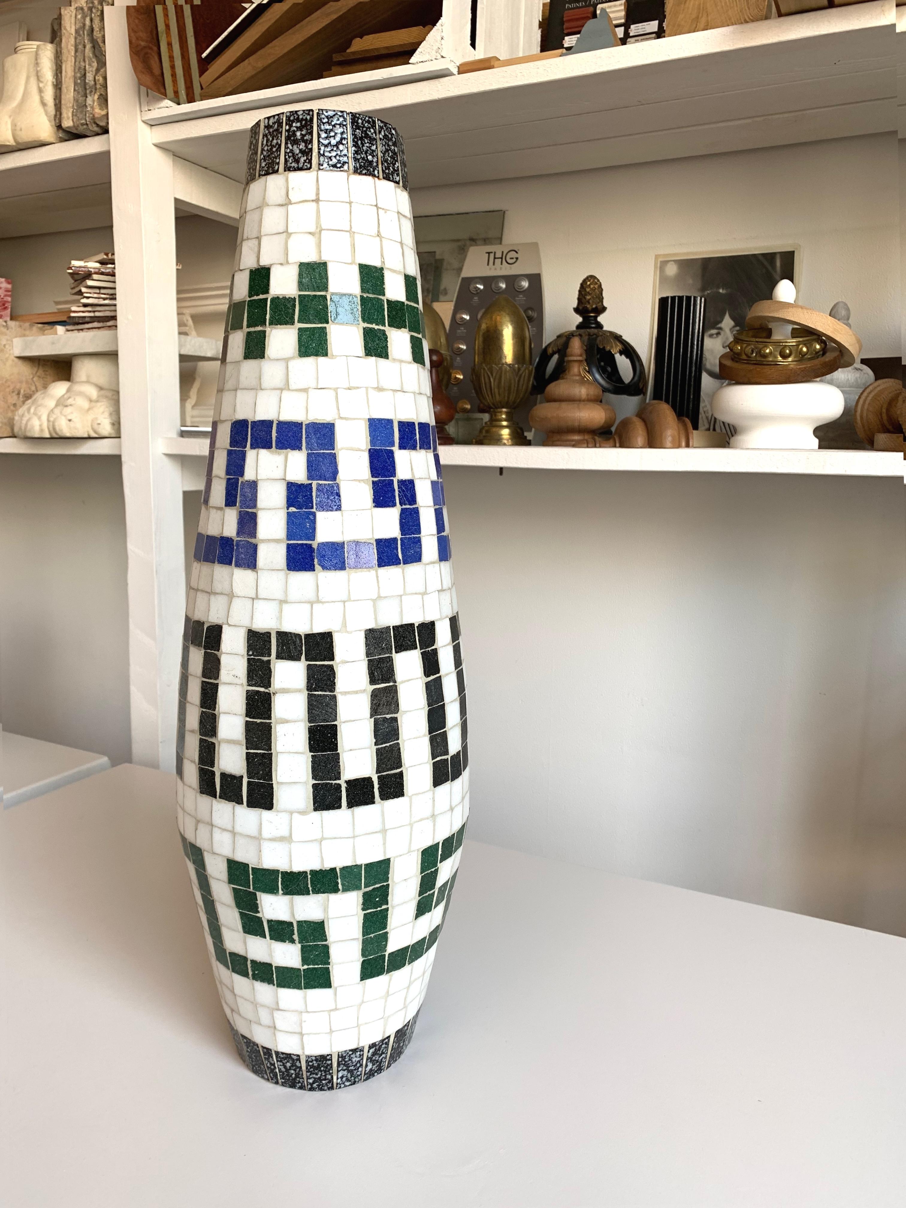 Terracotta Mosaic vase in fun optical Greek key pattern signed 'An Baert, 1966'.