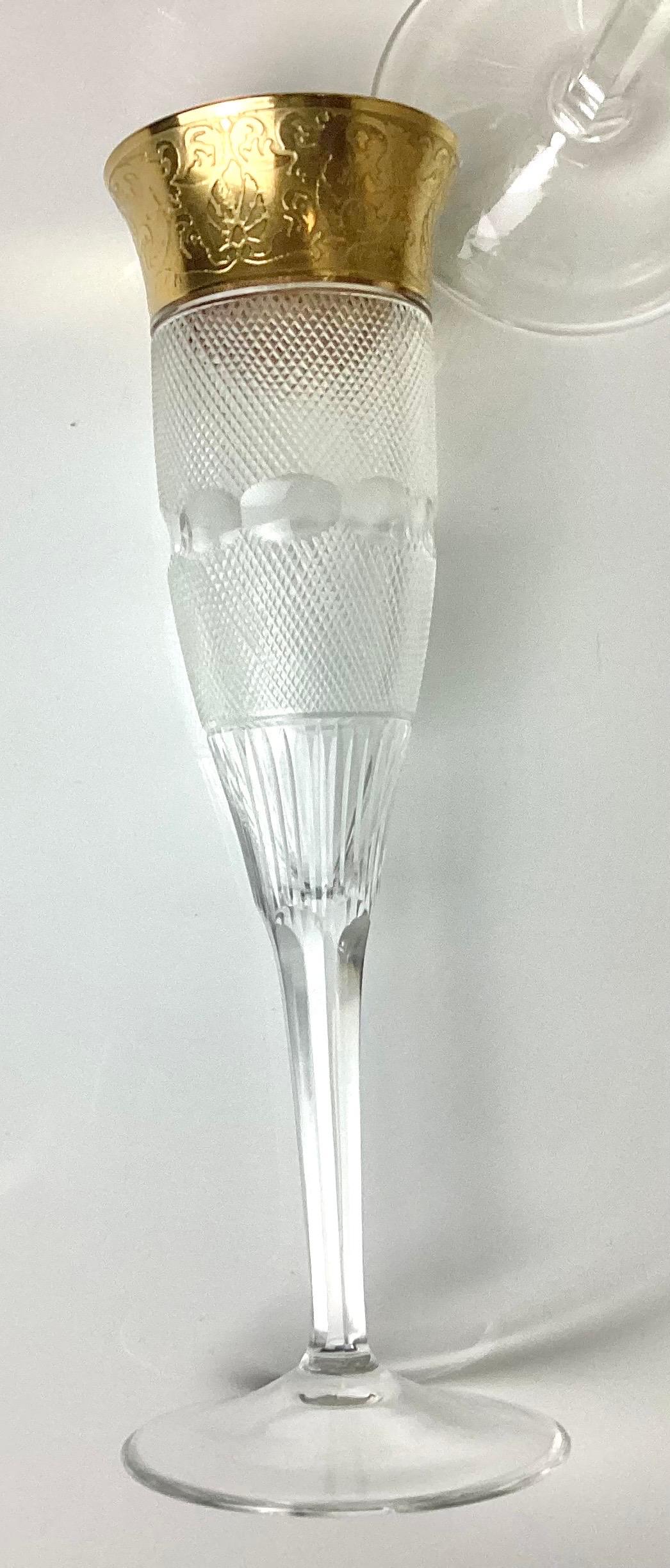 Hollywood Regency 1960s Moser Cut Crystal and Gold Splendid Champagne Flutes Set of 6 For Sale