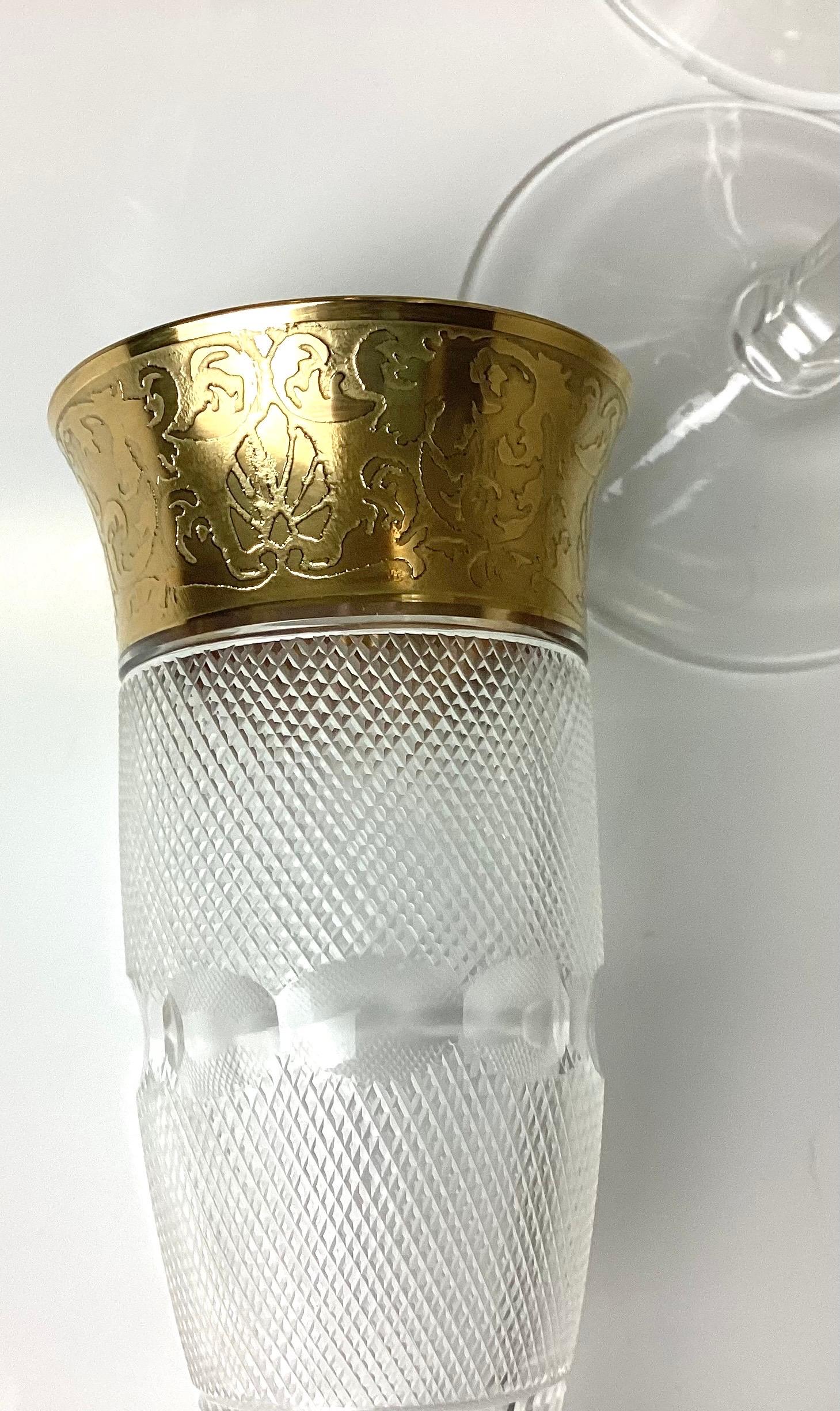 Czech 1960s Moser Cut Crystal and Gold Splendid Champagne Flutes Set of 6 For Sale