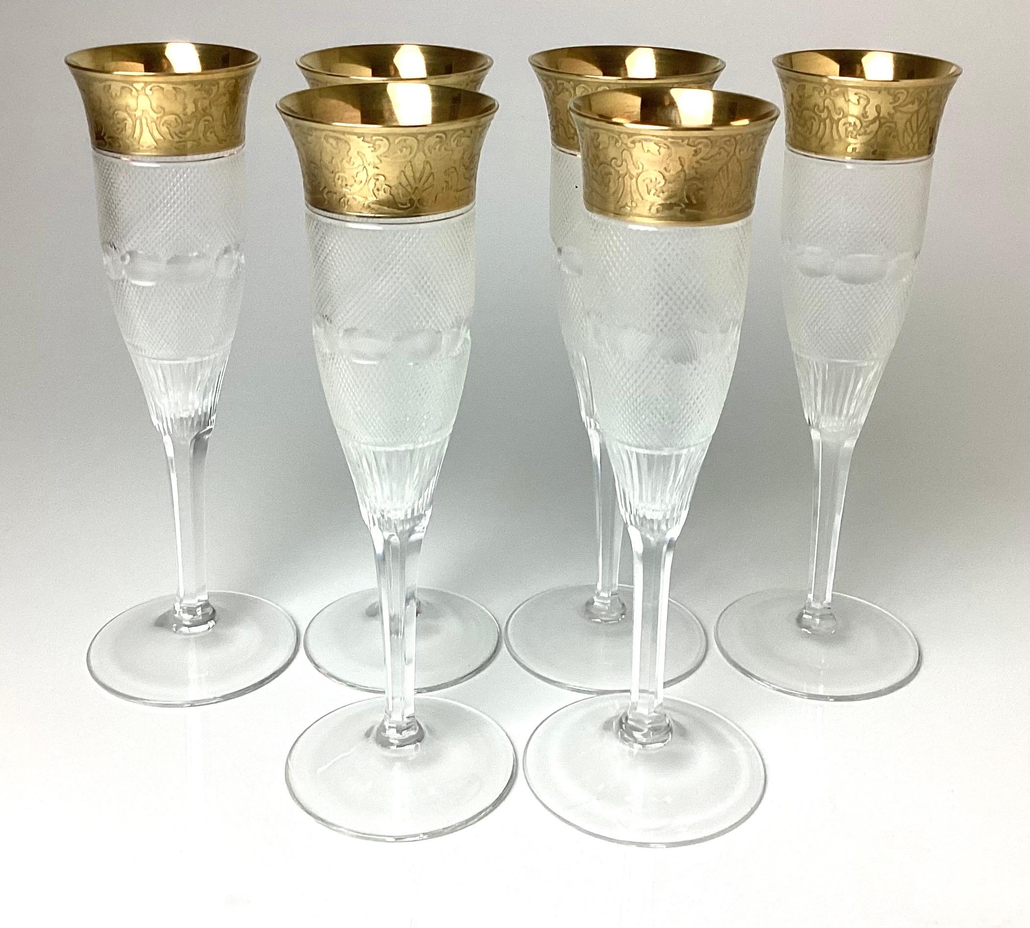 Mid-20th Century 1960s Moser Cut Crystal and Gold Splendid Champagne Flutes Set of 6 For Sale