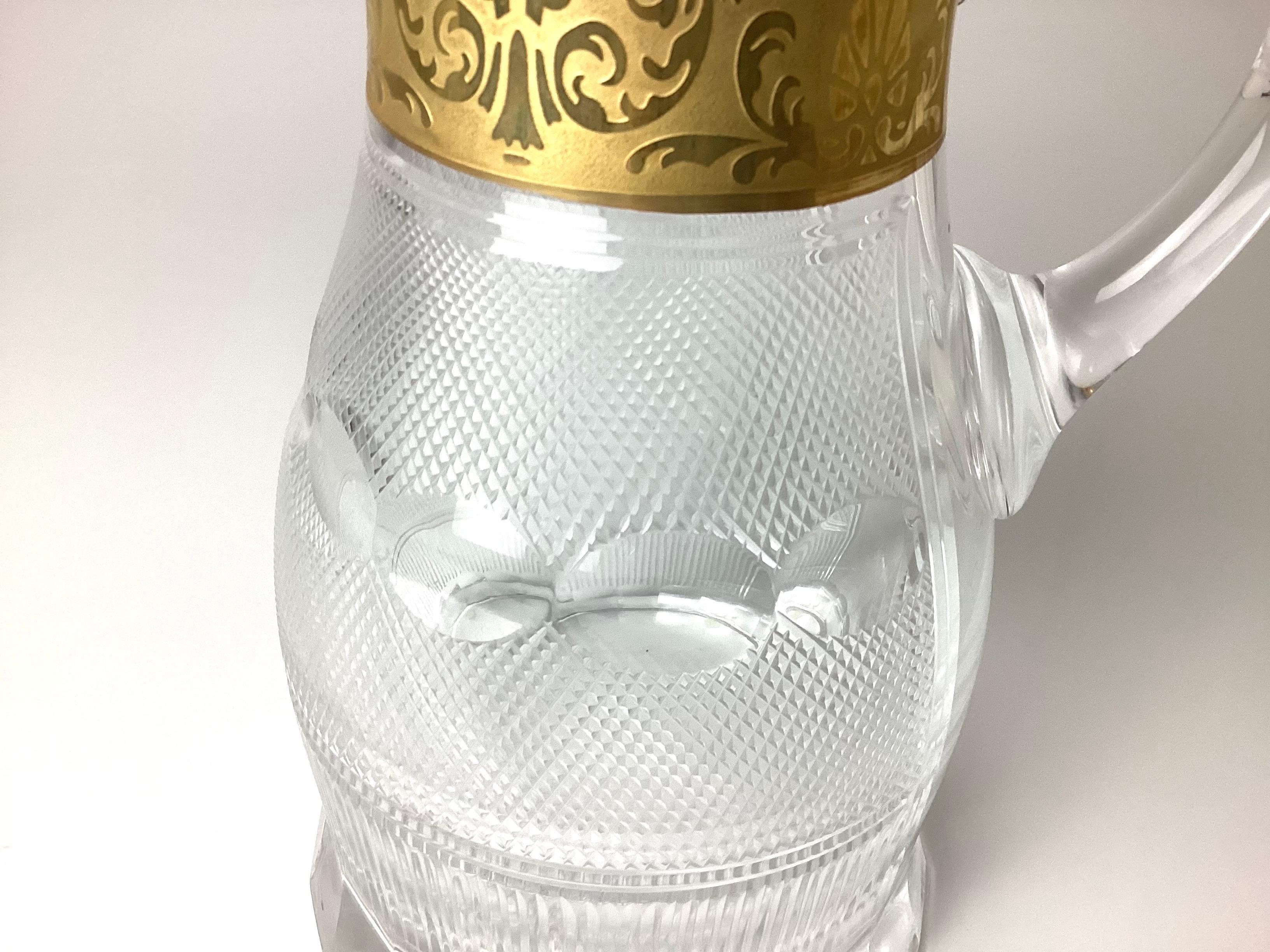 Hollywood Regency 1960s Moser Cut Glass Water Pitcher With Gold Trim For Sale