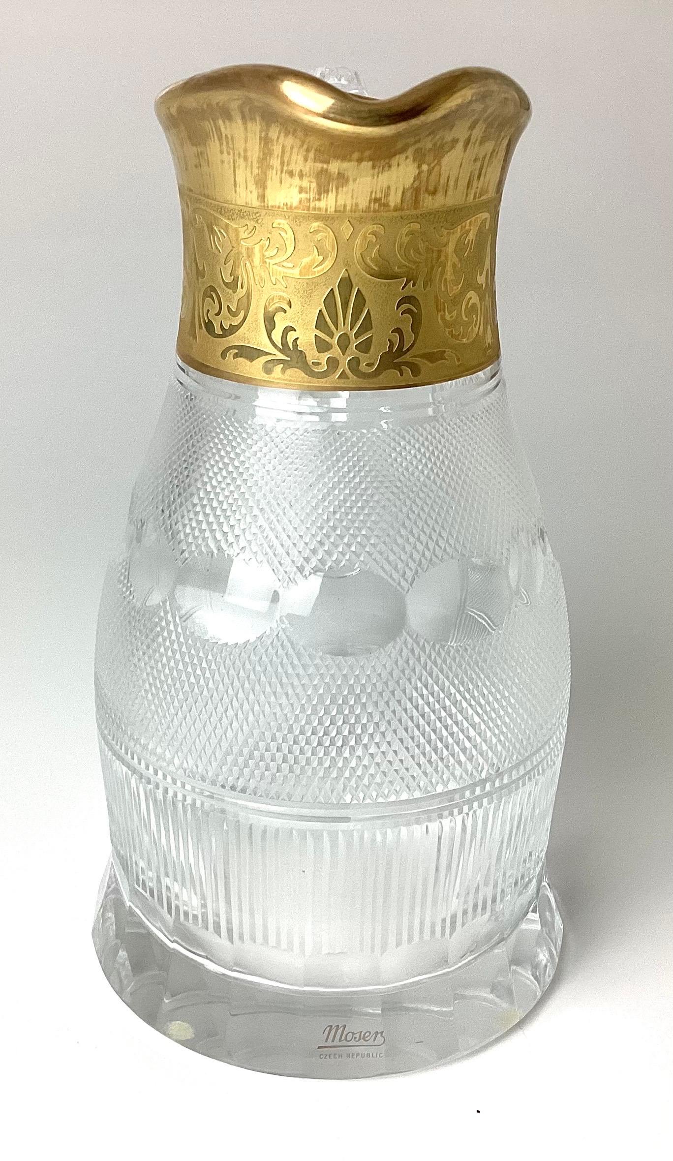Czech 1960s Moser Cut Glass Water Pitcher With Gold Trim For Sale