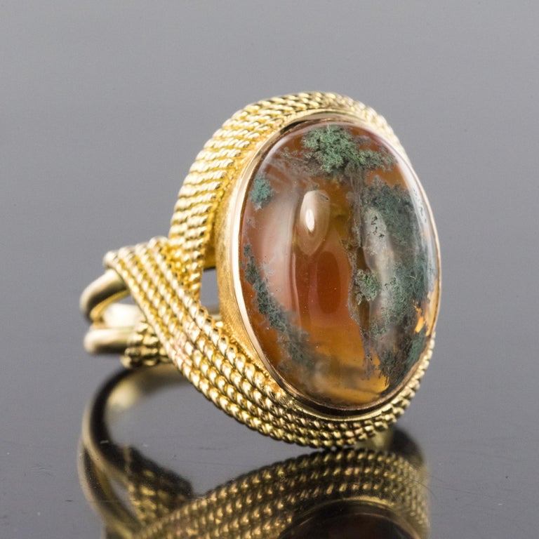 1960s Moss Agate 18 Karat Yellow Gold Thread Ring at 1stDibs