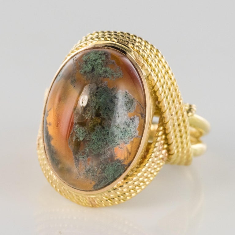 1960s Moss Agate 18 Karat Yellow Gold Thread Ring at 1stDibs