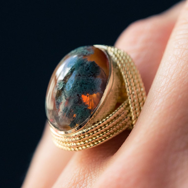 1960s Moss Agate 18 Karat Yellow Gold Thread Ring at 1stDibs