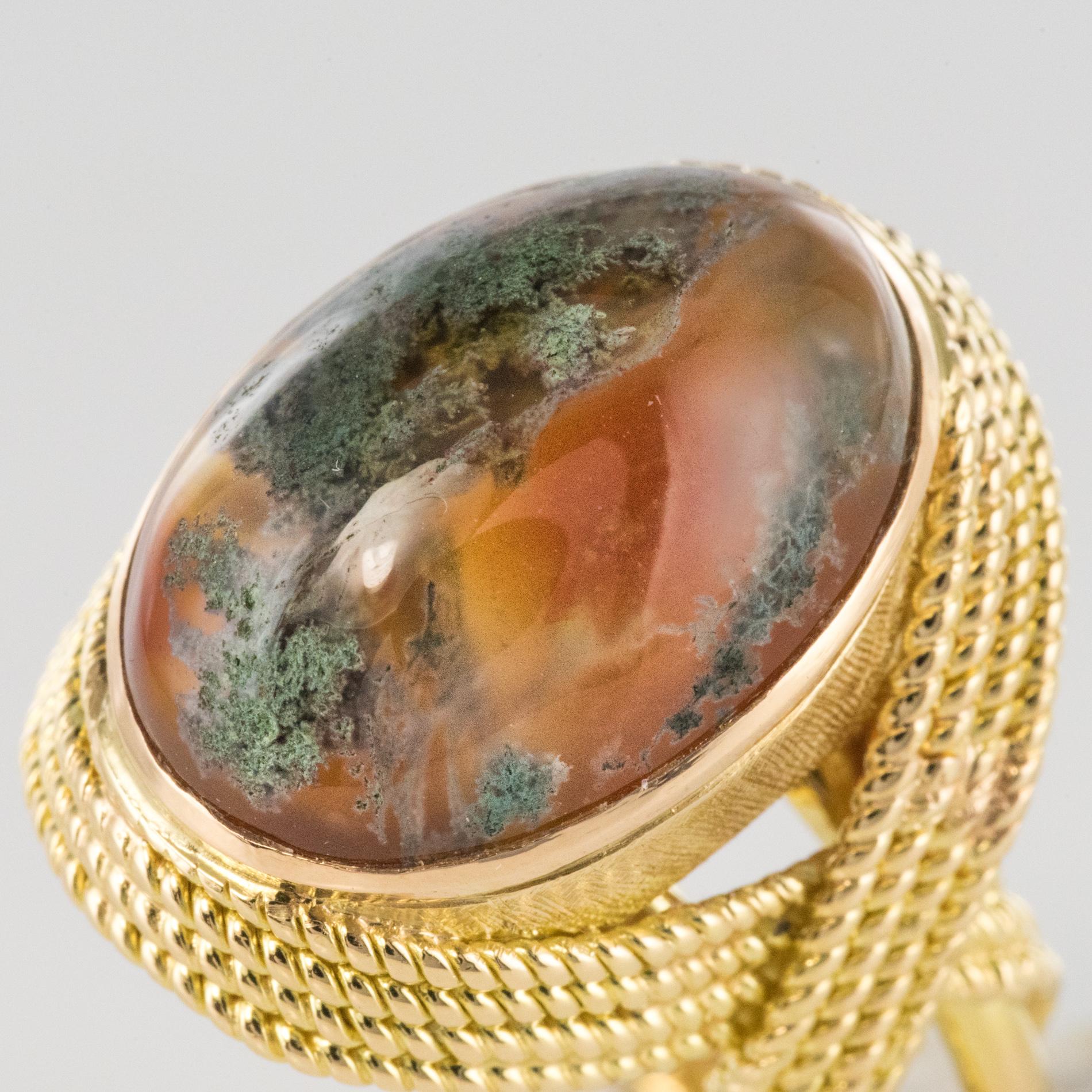 1960s Moss Agate 18 Karat Yellow Gold Thread Ring In Excellent Condition In Poitiers, FR