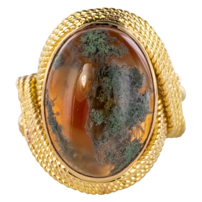 1960s Moss Agate 18 Karat Yellow Gold Thread Ring at 1stDibs