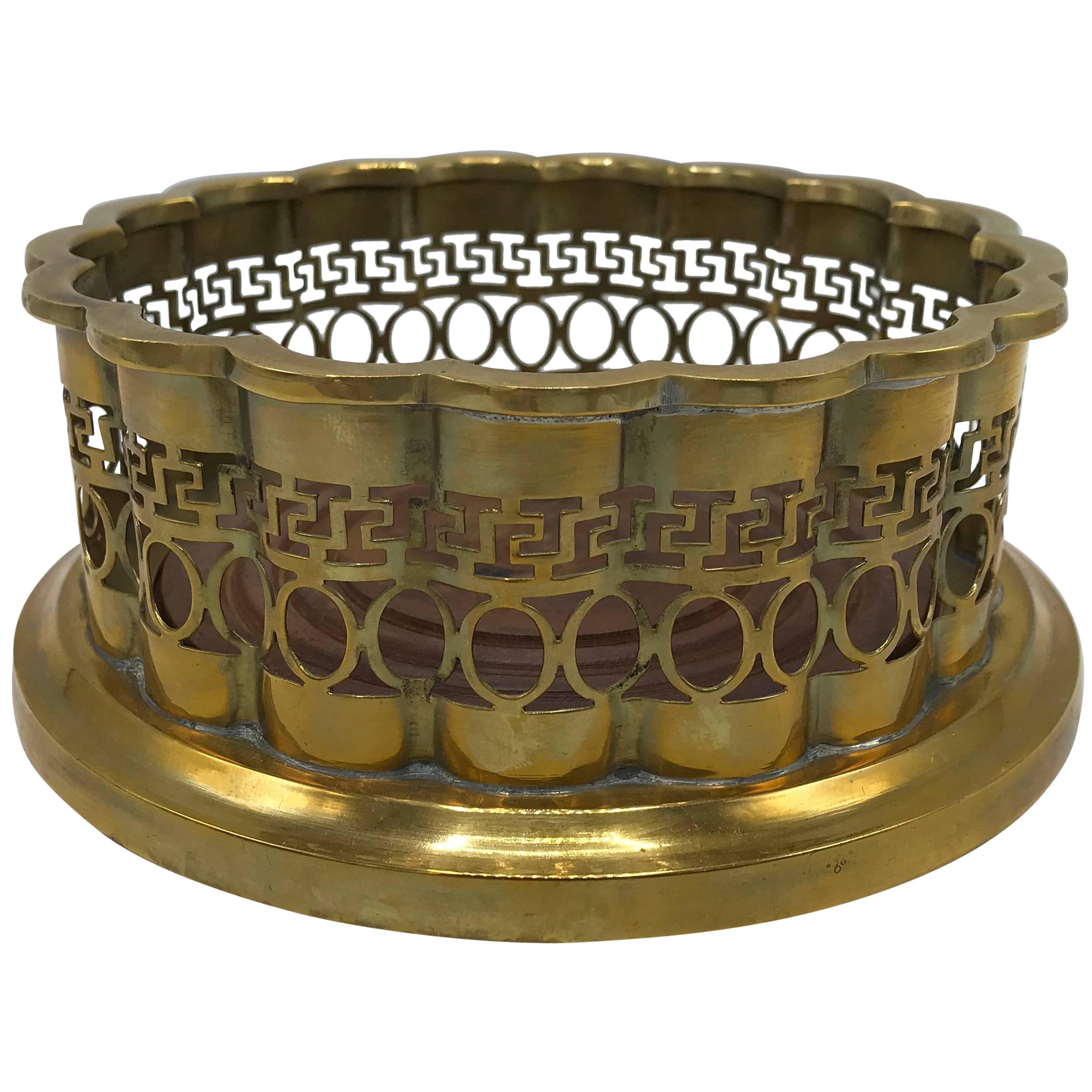 1960s Mottahedeh Brass and Walnut Wine Bottle Coaster with Greek Key Motif