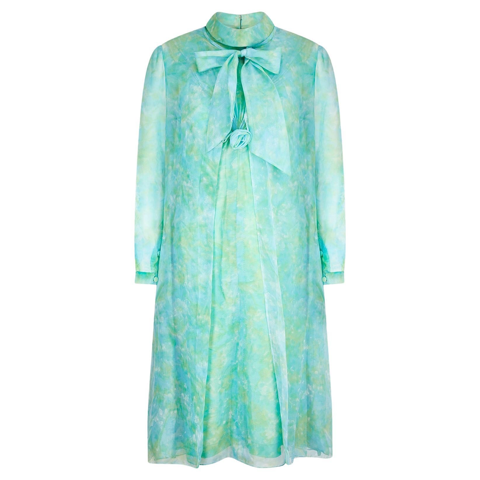 1960s Mottled Green and Turquoise Mod Dress with Coat For Sale