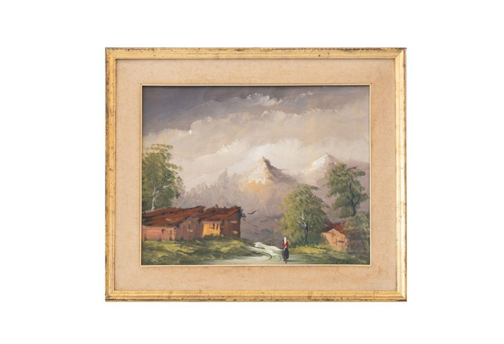 peinture à l'huile d'un paysage de montagne des années 1960 - Paysage alpin paisible en vente 3