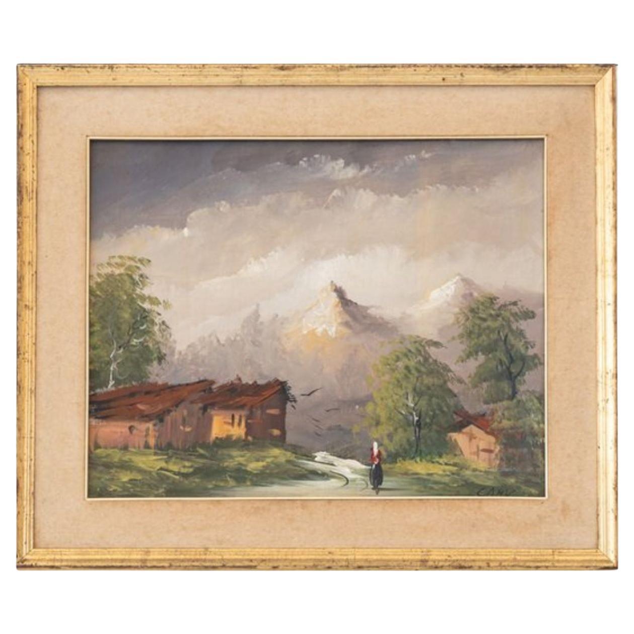 peinture à l'huile d'un paysage de montagne des années 1960 - Paysage alpin paisible en vente