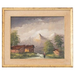 1960s Mountain Landscape Oil Painting - Tranquil Alpine Scenery