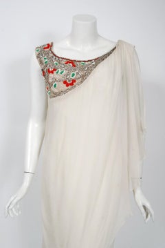 Vintage 1960's Mr. Blackwell Beaded Jeweled Ivory Chiffon Draped Goddess Gown