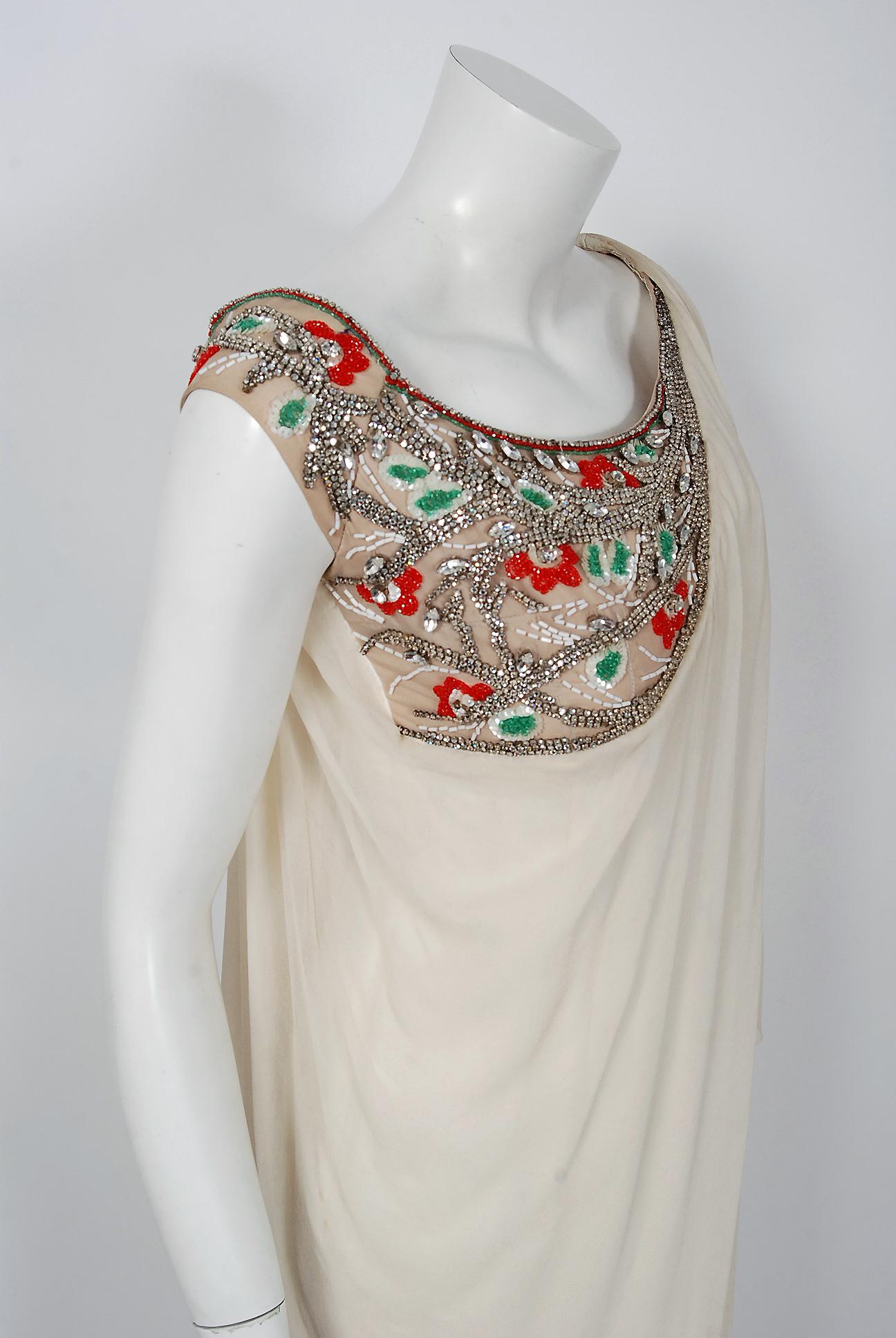 Beige Vintage 1960's Mr. Blackwell Beaded Jeweled Ivory Chiffon Draped Goddess Gown