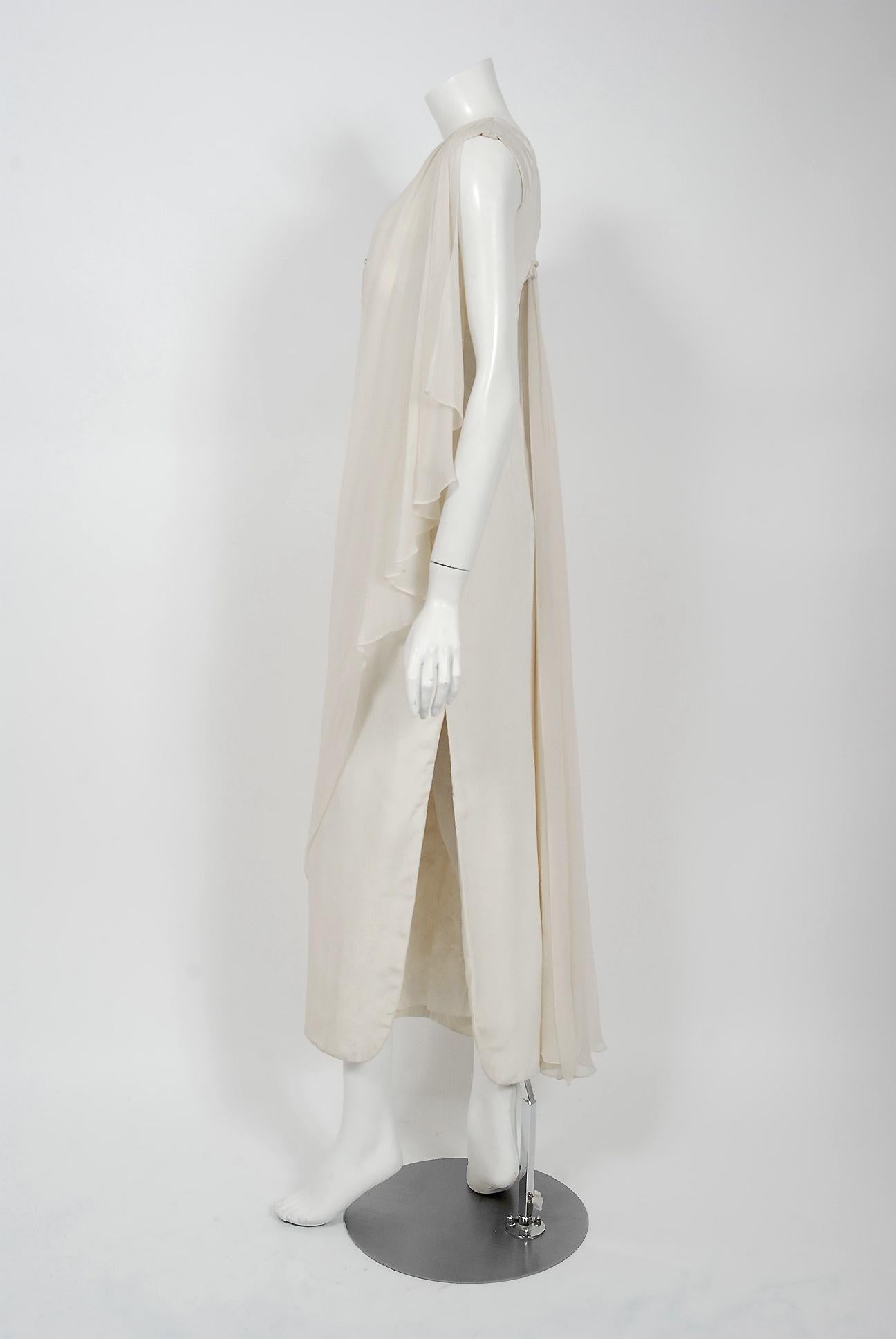 Women's Vintage 1960's Mr. Blackwell Beaded Jeweled Ivory Chiffon Draped Goddess Gown