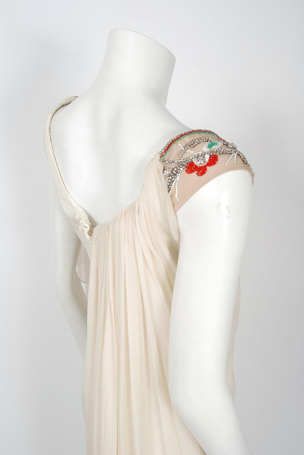 Vintage 1960's Mr. Blackwell Beaded Jeweled Ivory Chiffon Draped Goddess Gown 3