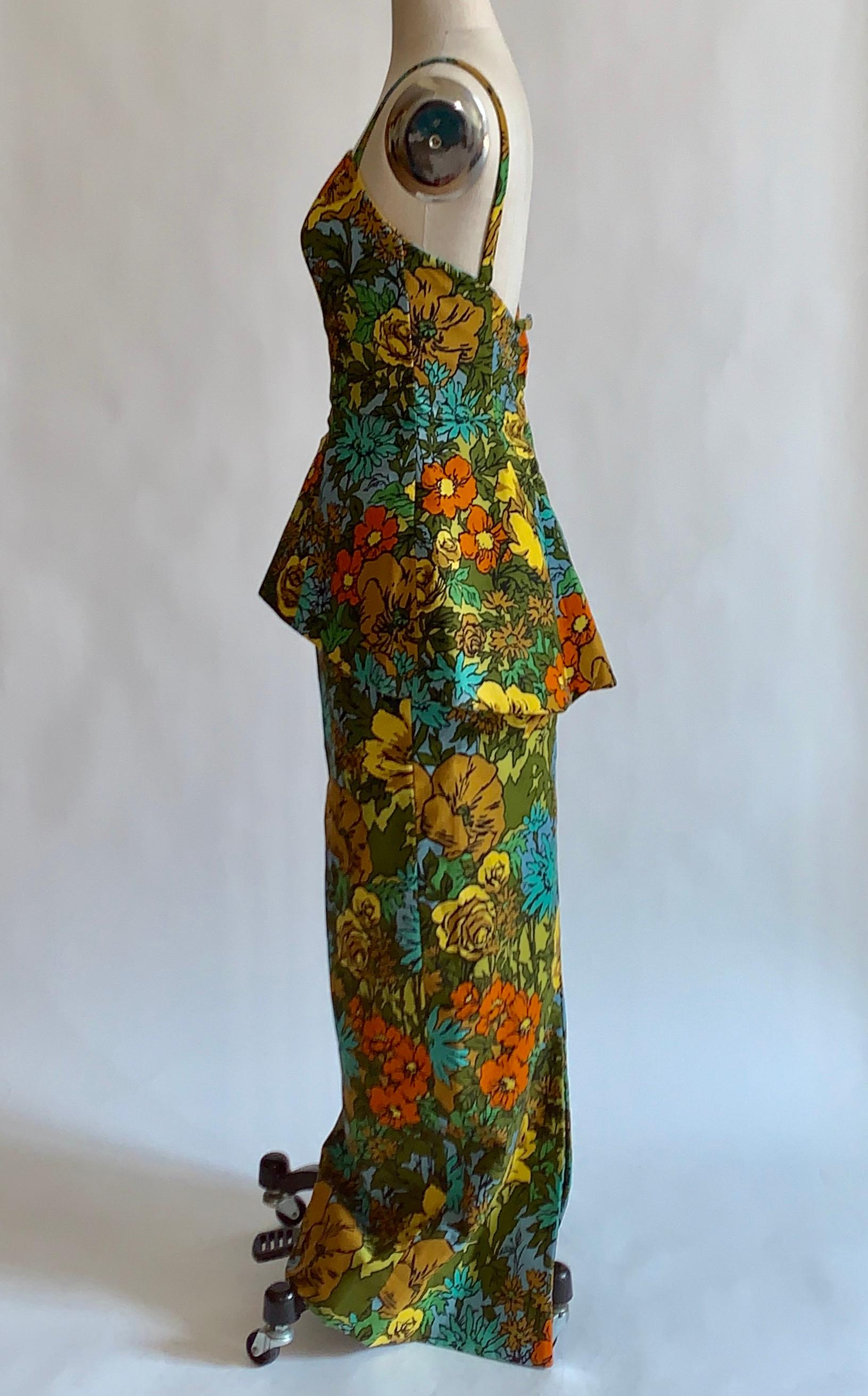 1960s Mr. Blackwell Custom Floral Dress, Yellow, Brown, Green, Blue Peplum Maxi In Excellent Condition In San Francisco, CA