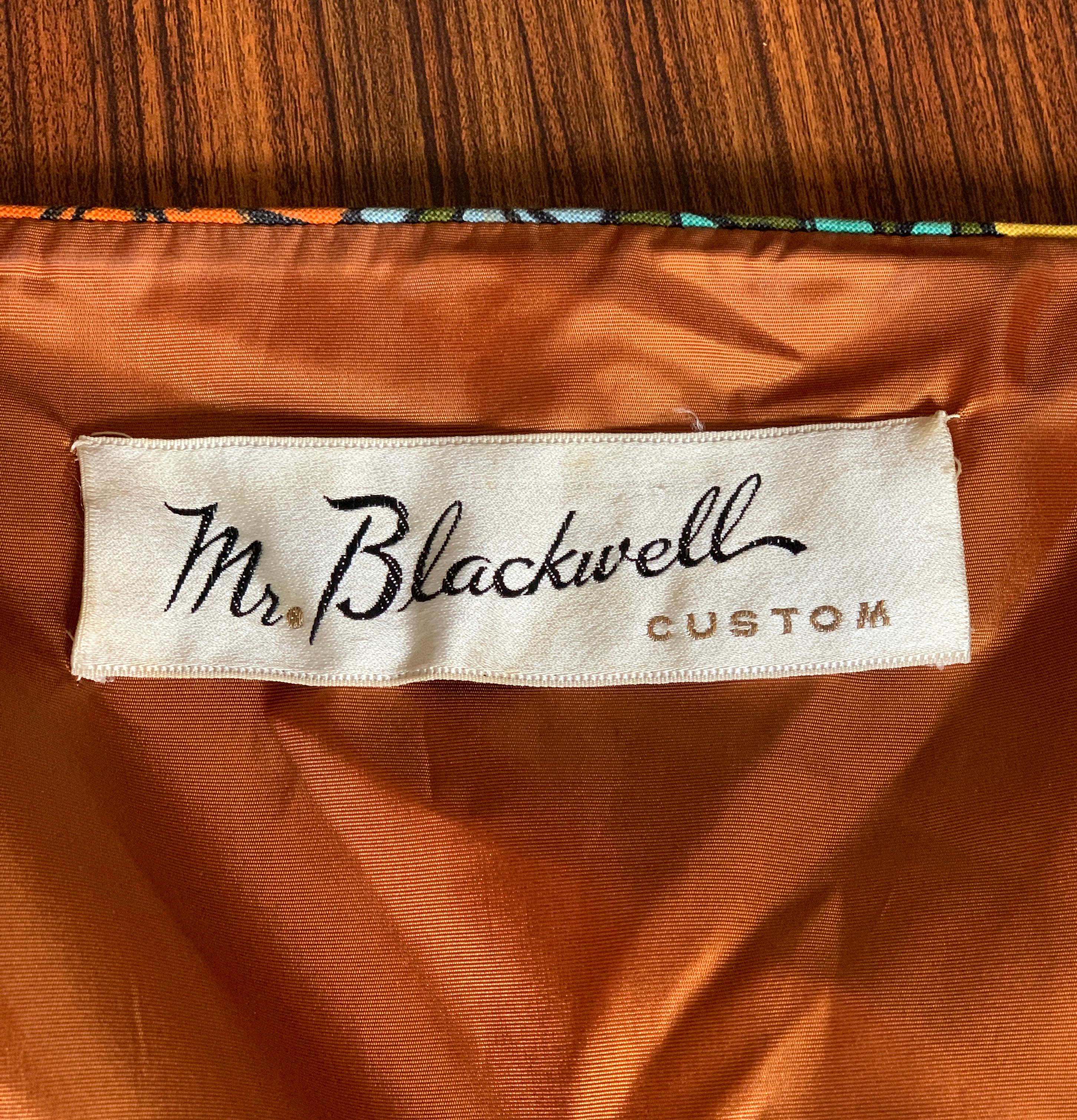 Women's 1960s Mr. Blackwell Custom Floral Dress, Yellow, Brown, Green, Blue Peplum Maxi