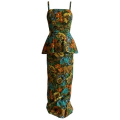 Vintage 1960s Mr. Blackwell Custom Floral Dress, Yellow, Brown, Green, Blue Peplum Maxi