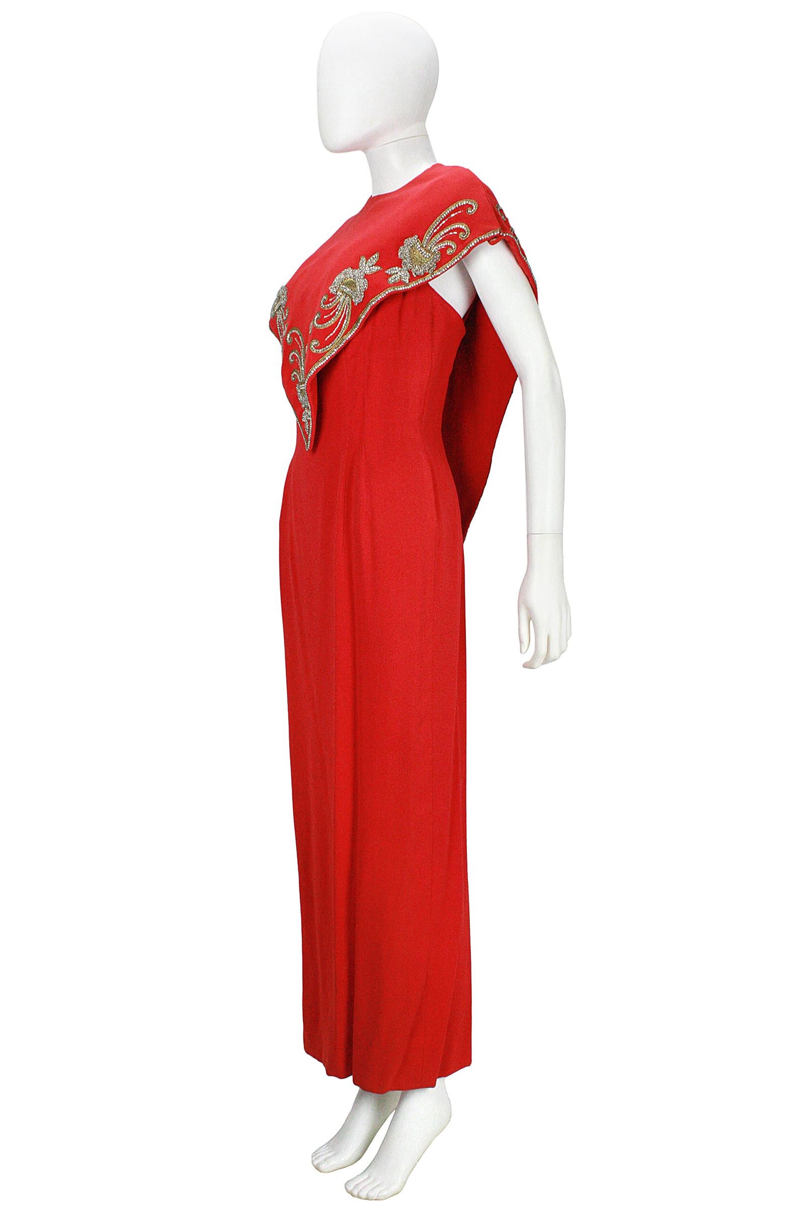 1960s Mr Blackwell Custom Red Crepe Beaded Gown and Cape For Sale 2