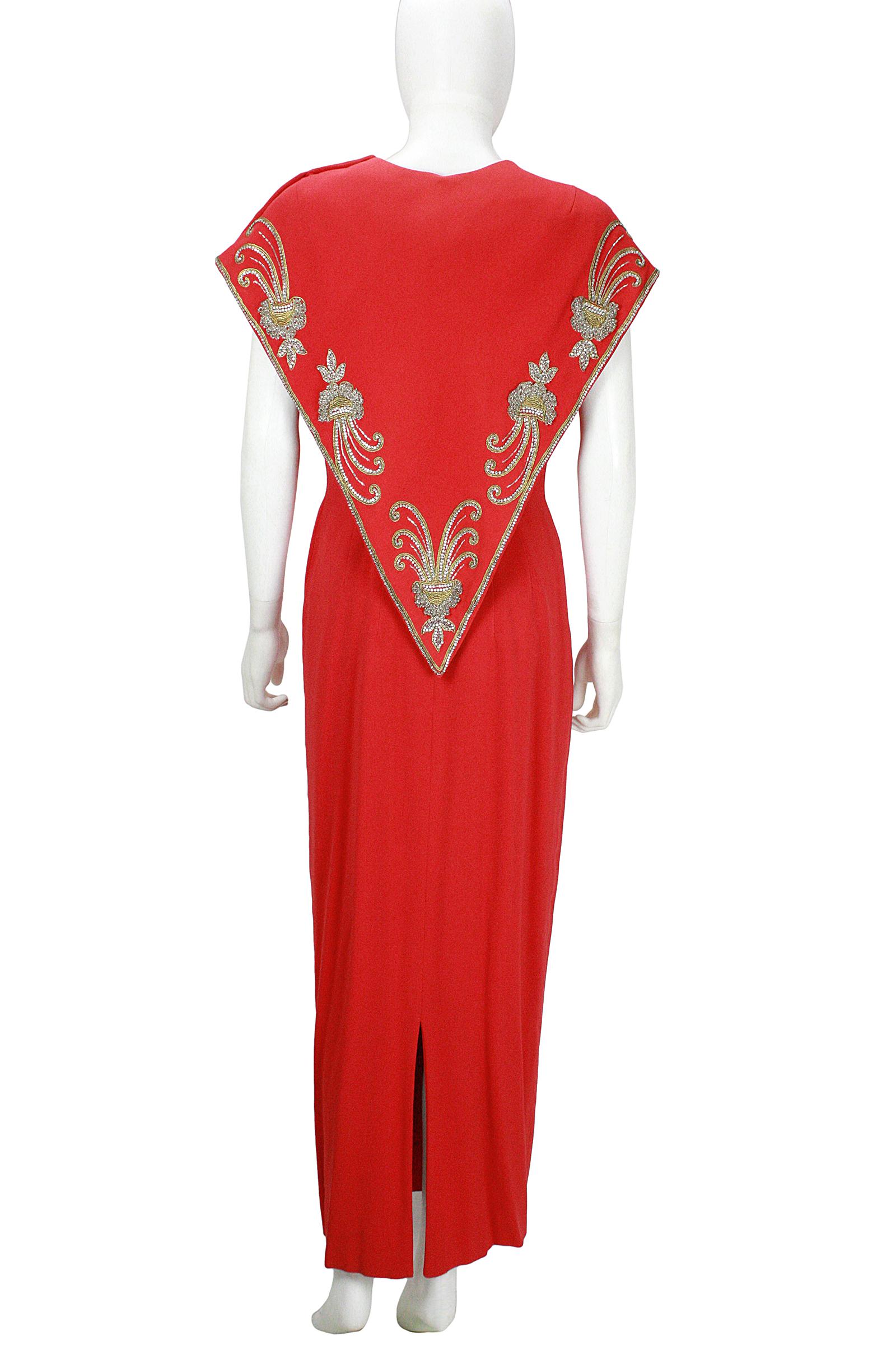 1960s Mr Blackwell Custom Red Crepe Beaded Gown and Cape For Sale 3