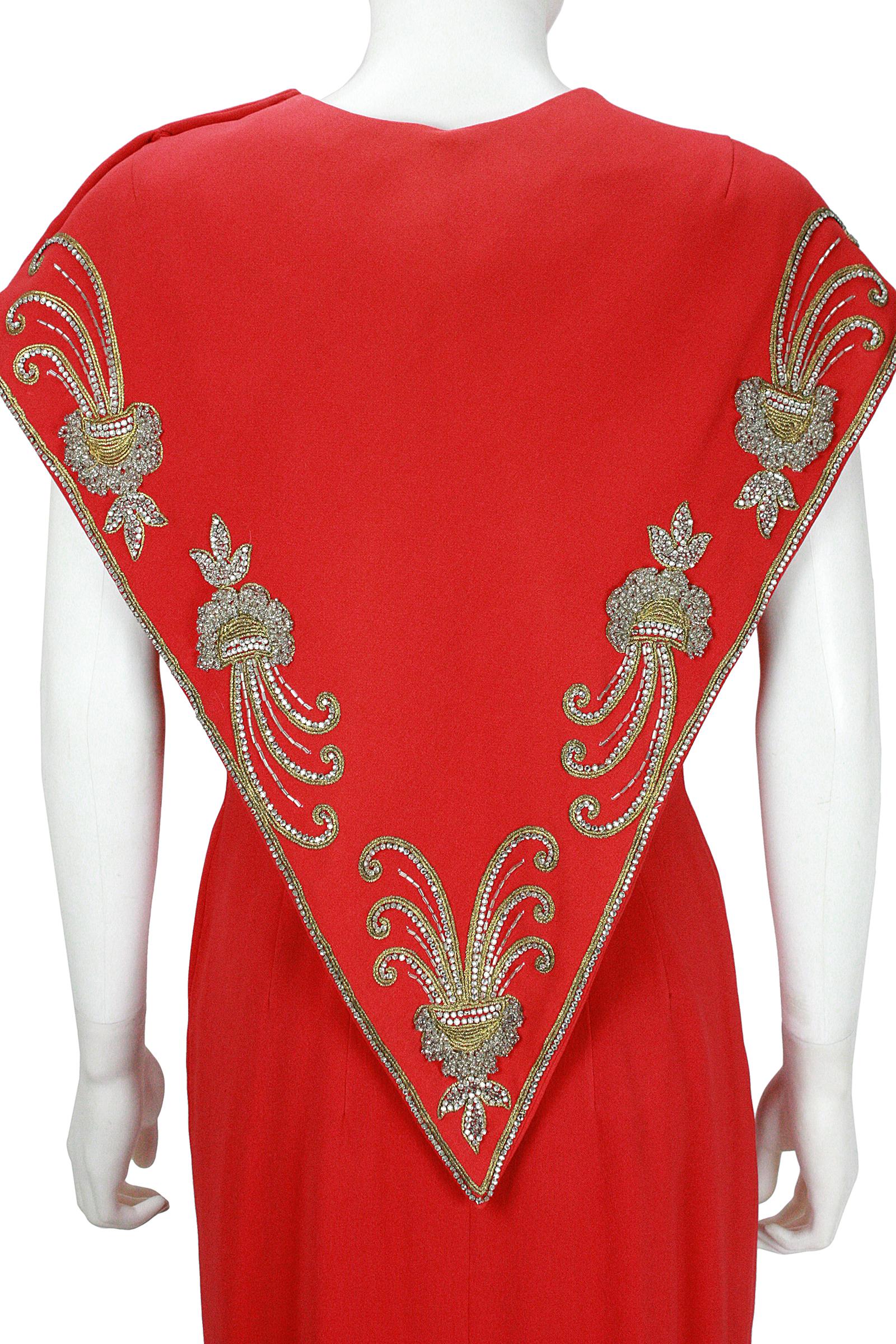 1960s Mr Blackwell Custom Red Crepe Beaded Gown and Cape For Sale 4